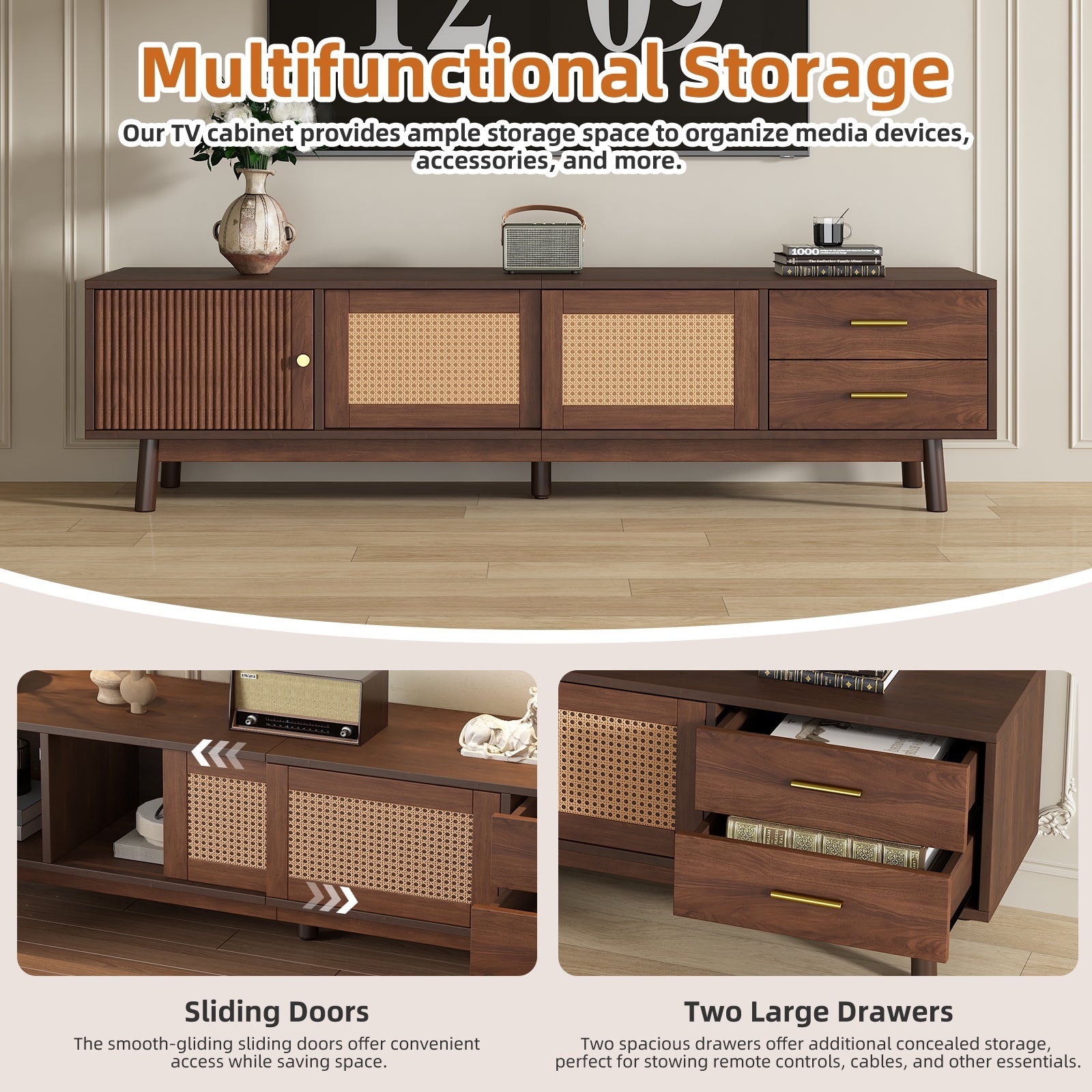 TV Stand Mid-Century Dark Brown Solid Wood Rattan Sliding Door Fits 80 In TV