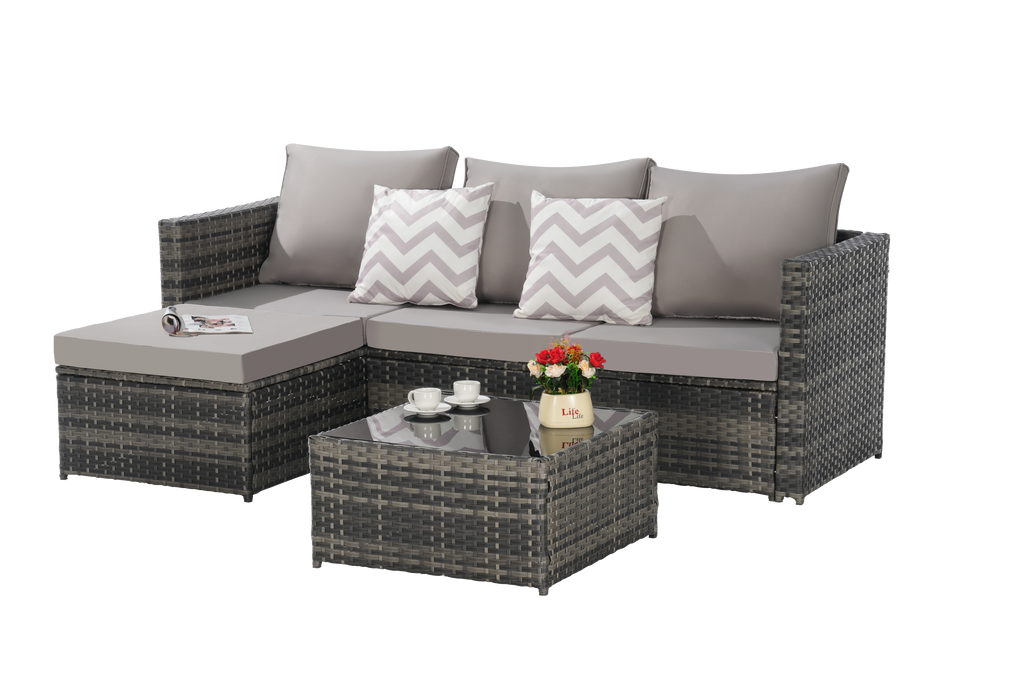Outdoor Sectional Set PE Rattan Steel Light Gray L-Shape 3 Piece Seats 4