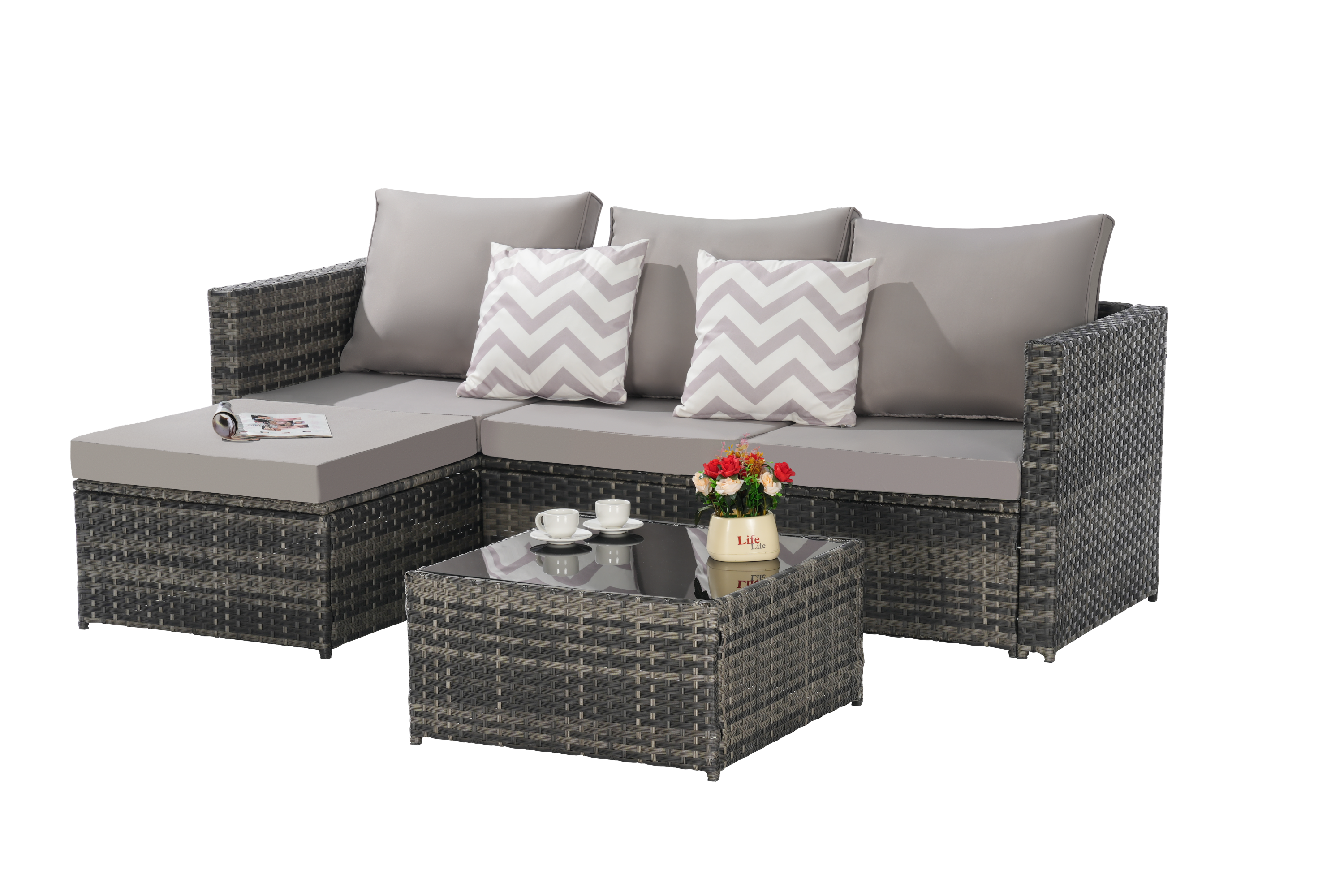 Outdoor Sectional Set PE Rattan Steel Light Gray L-Shape 3 Piece Seats 4