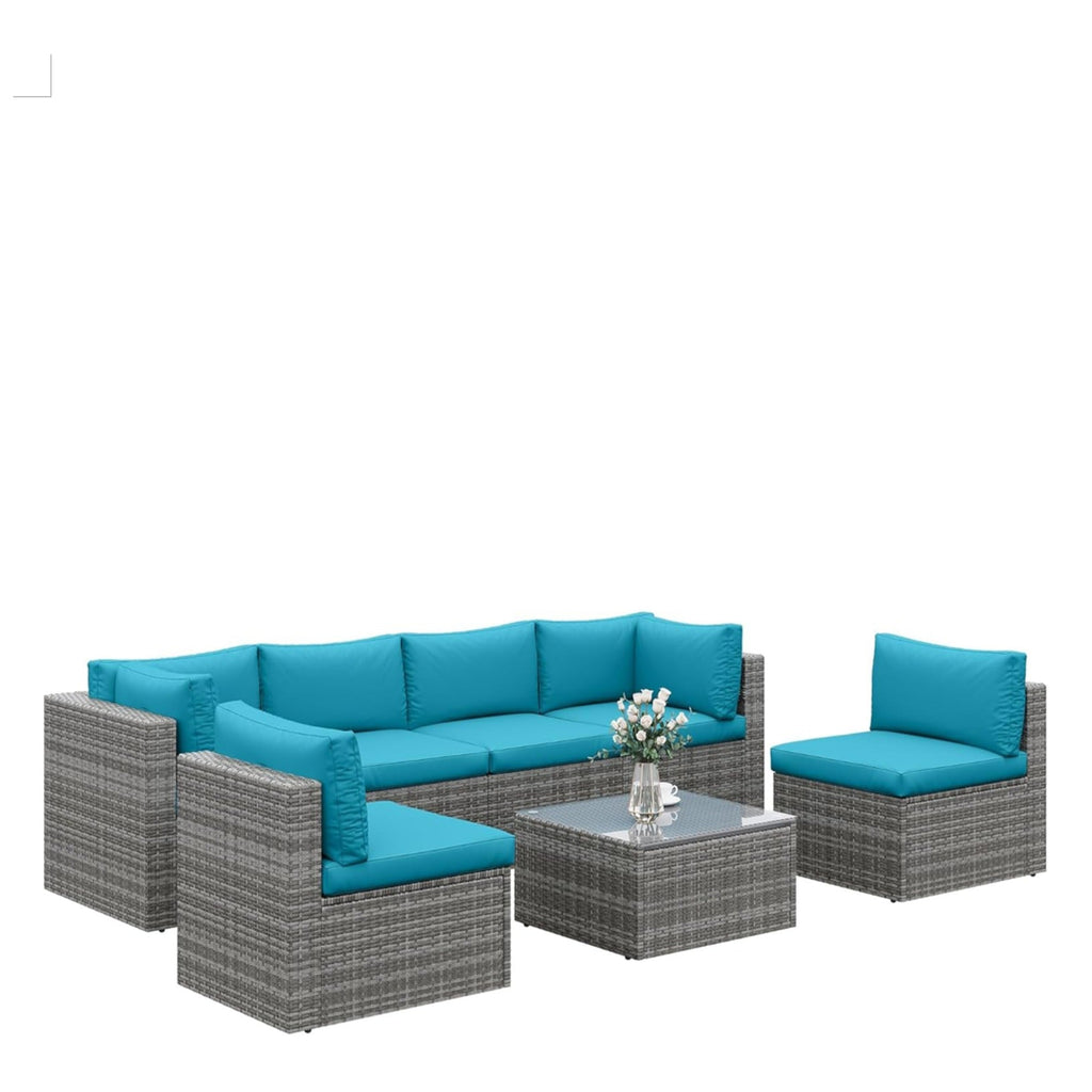 7 Piece Outdoor Sectional Set PE Rattan Gray Blue