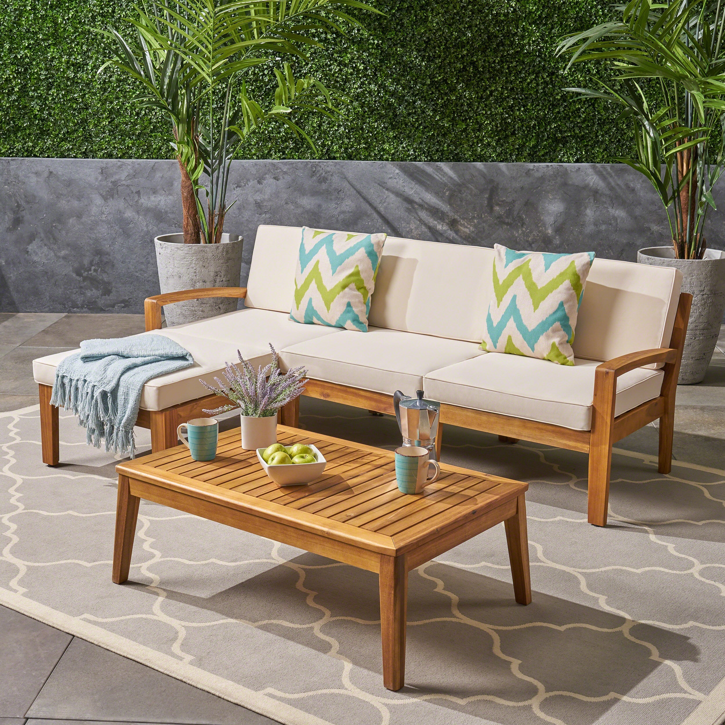 Outdoor Patio Set L-Shape Acacia Wood Teak Beige Cushions 3 Piece