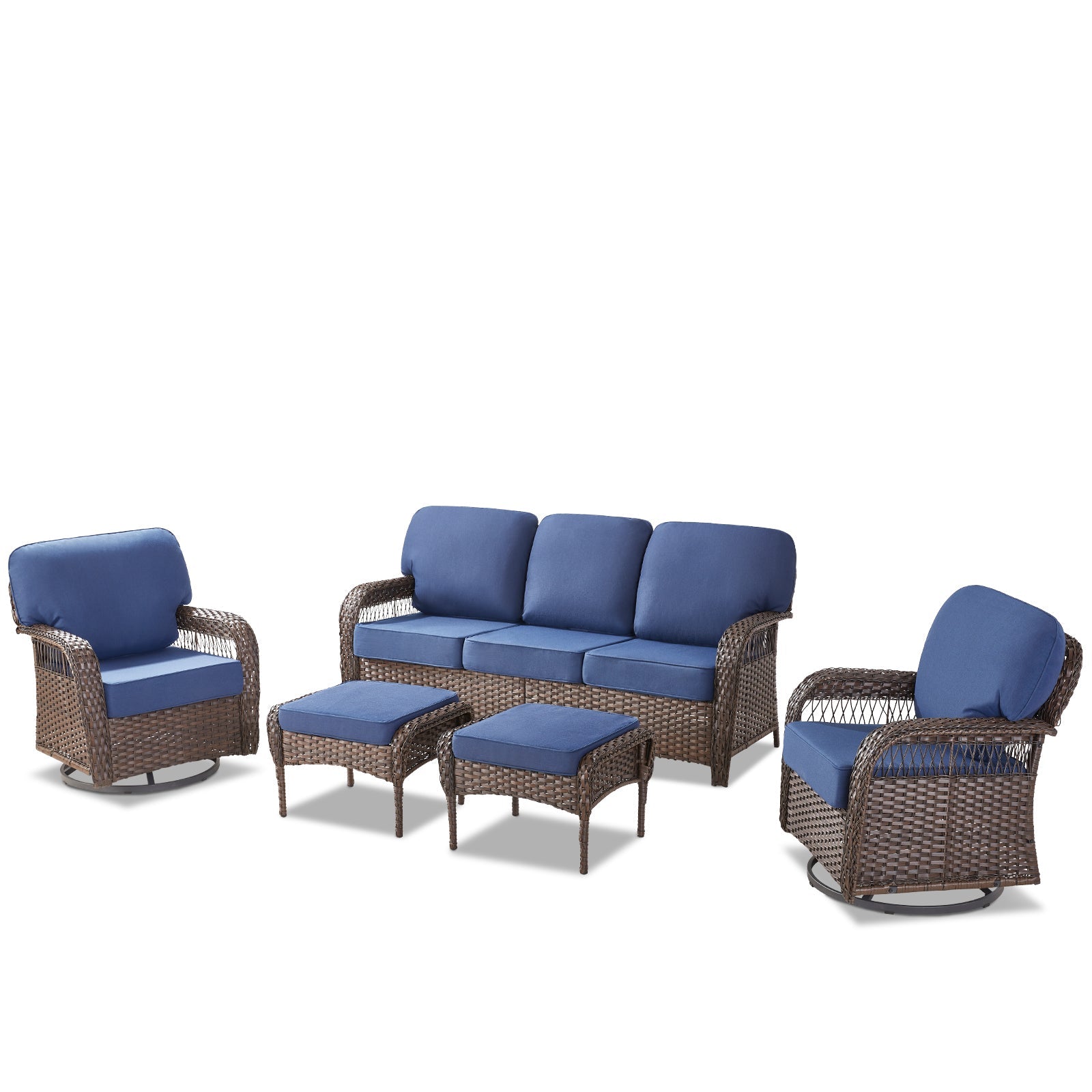 Outdoor Patio Set PE Rattan Blue 5 Piece T-Back Swivel High Back Chairs