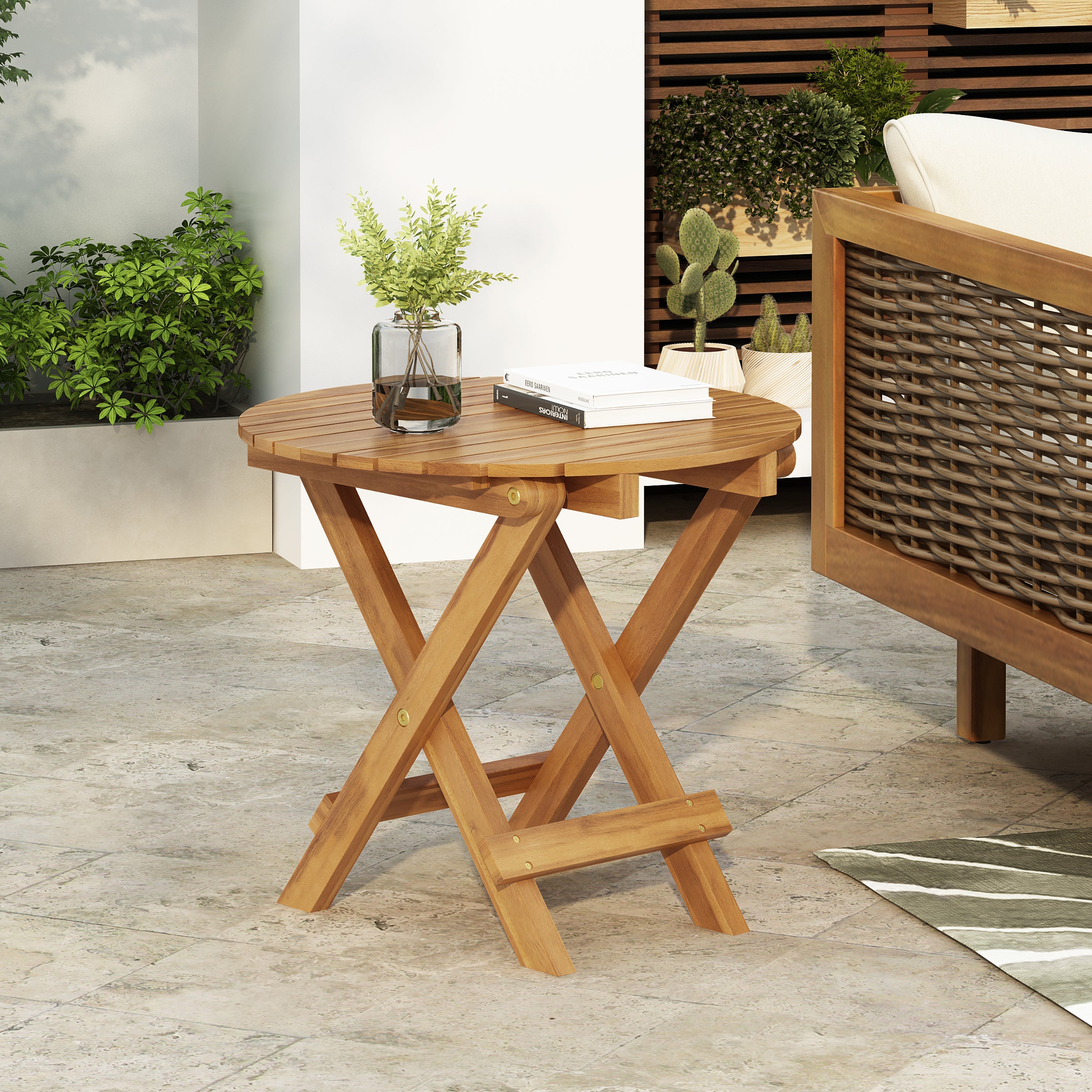 Outdoor Conversation Set Acacia Wood Cream Cushion 3 Piece Foldable