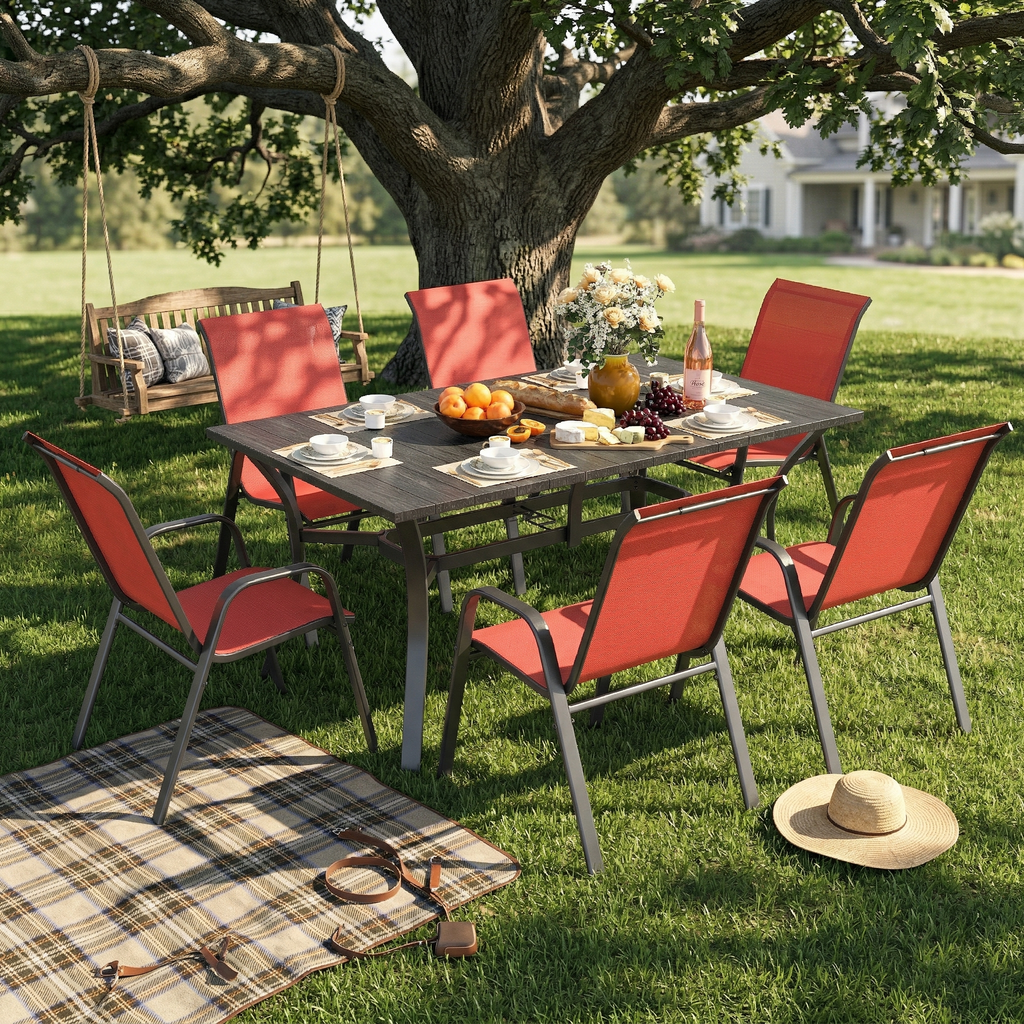 7-Piece Outdoor Patio Dining Set, 63' x 38' Rectangular Wood-Grain Metal Table