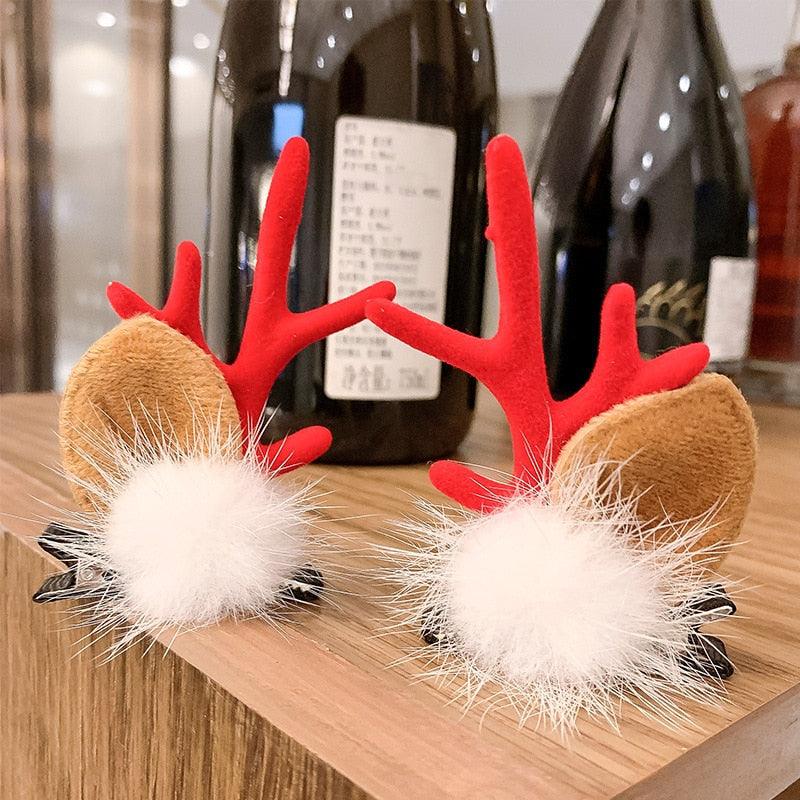 2pcs Cute Deer Ear Hairpins Christmas Hair Clips For Girls Cartoon Antlers Barrettes Lovely Pompom Hairgrips Fashion Hair Accessories For Women