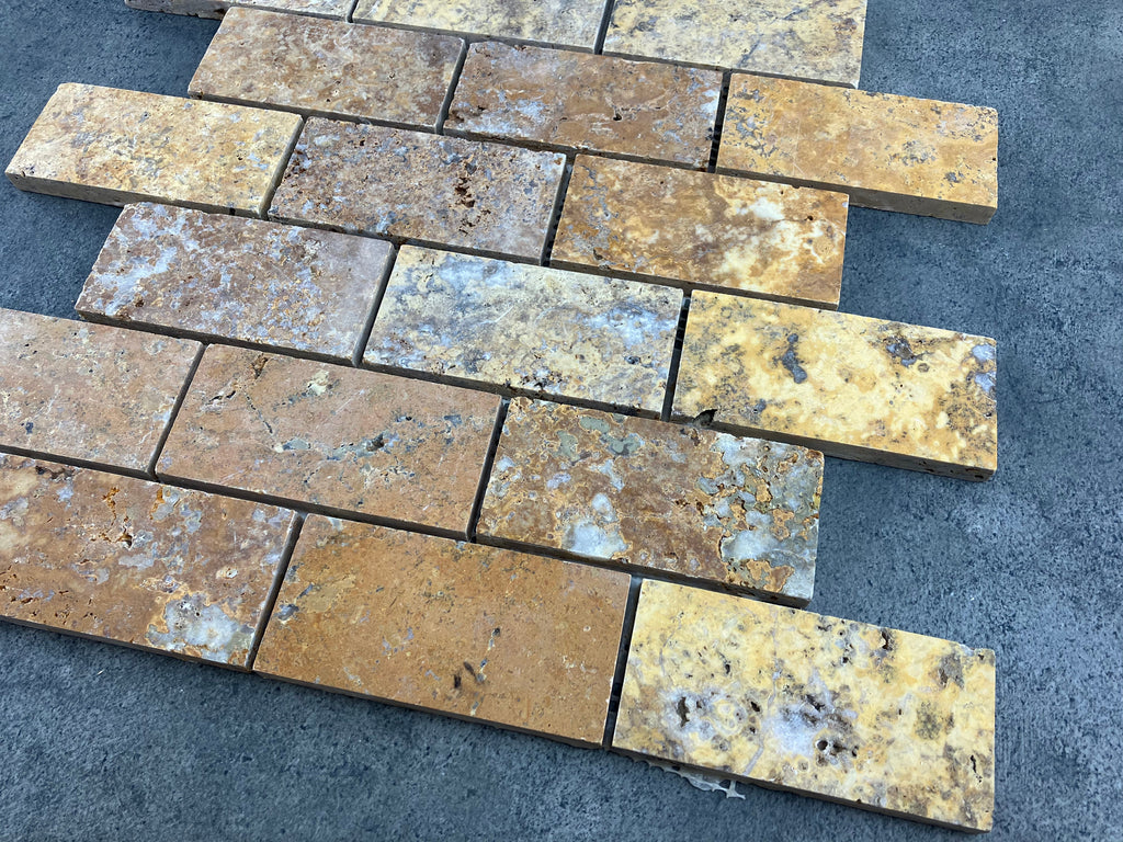Scabos Travertine Golden 2x4 Brick Honed Mosaic Tile 12x12 Mesh