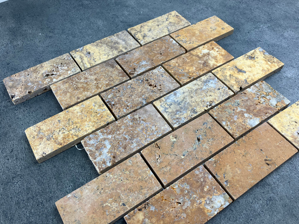 Scabos Travertine Golden 2x4 Brick Honed Mosaic Tile 12x12 Mesh