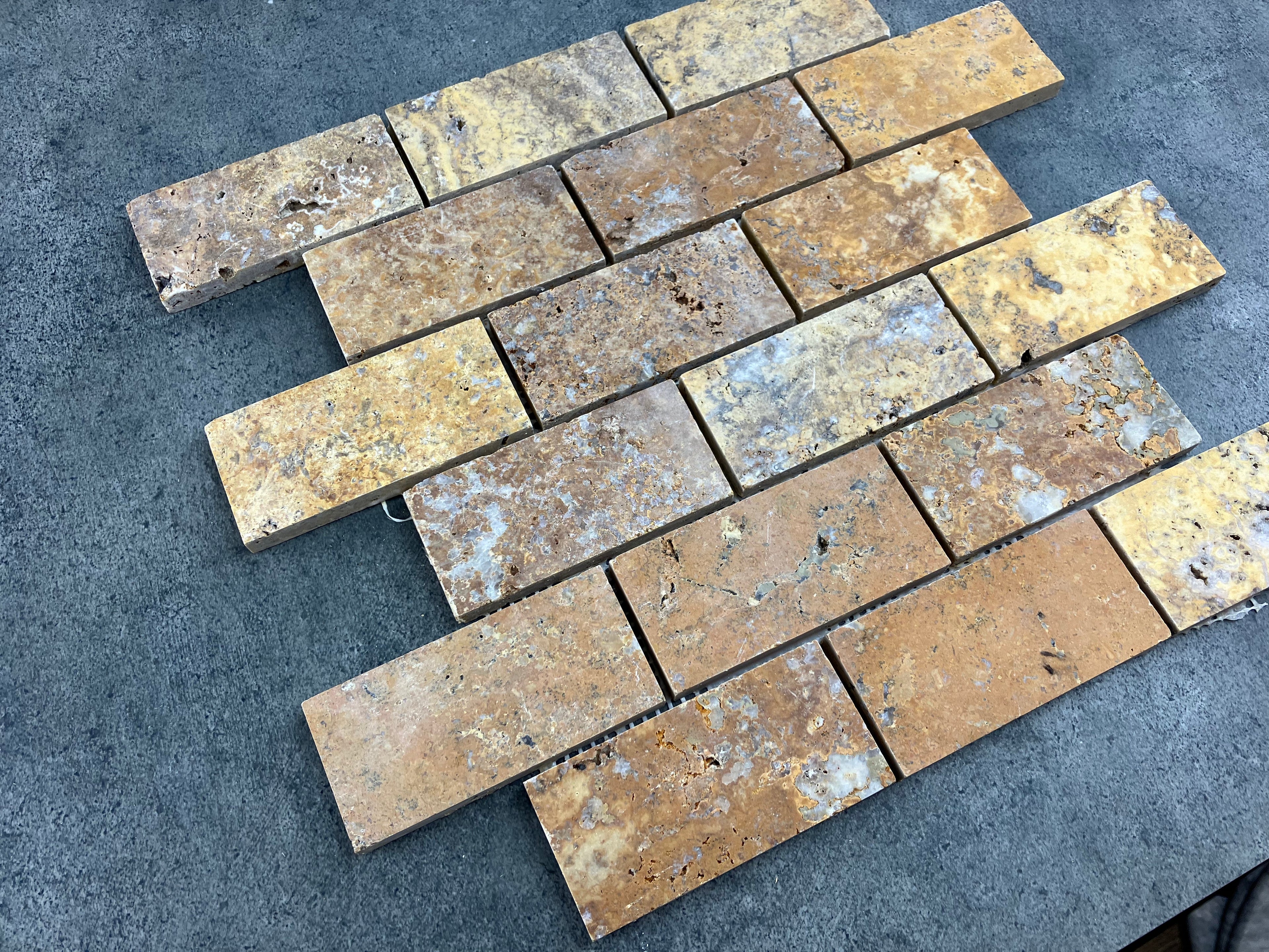 Scabos Travertine Golden 2x4 Brick Honed Mosaic Tile 12x12 Mesh