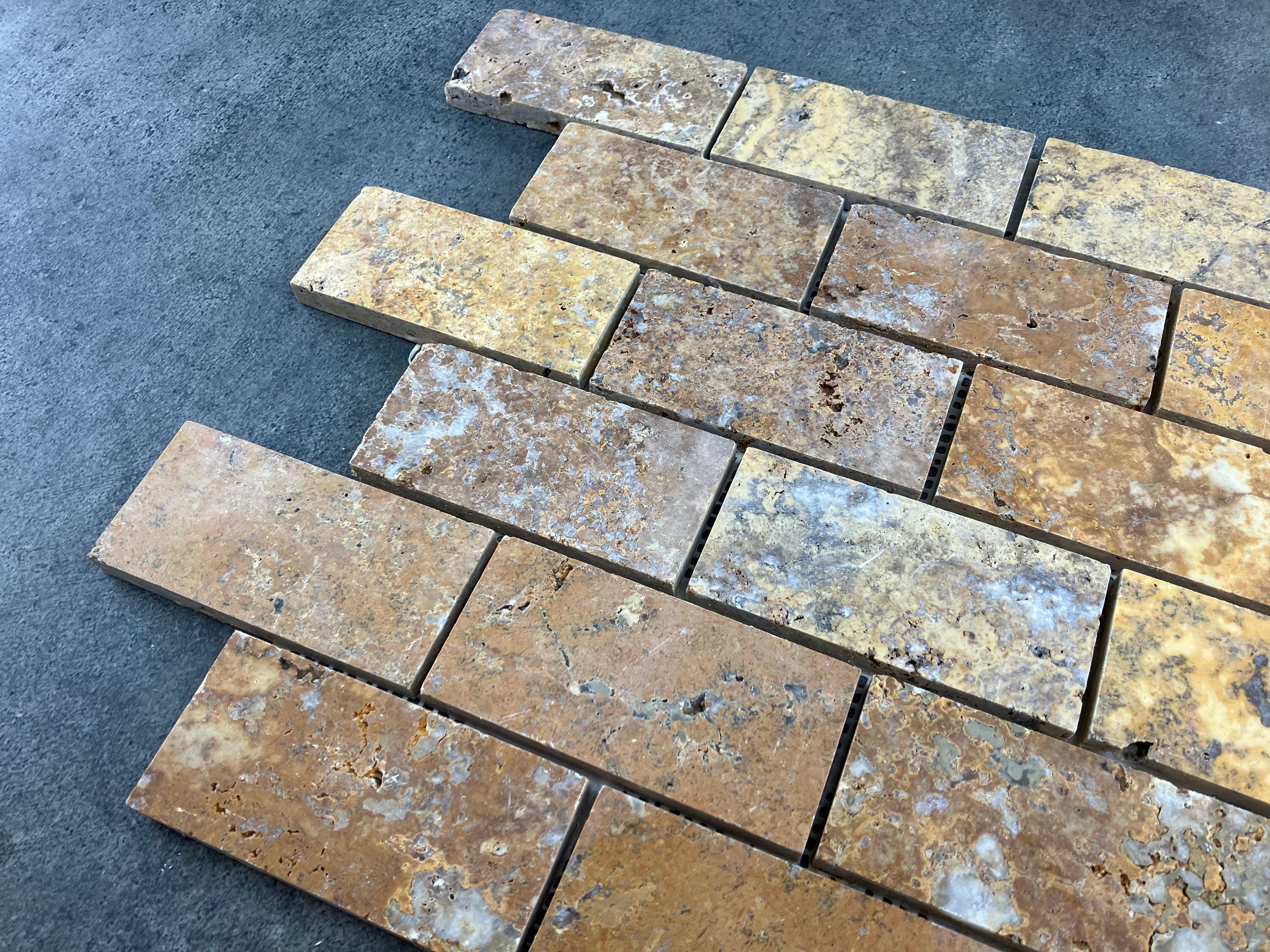 Scabos Travertine Golden 2x4 Brick Honed Mosaic Tile 12x12 Mesh