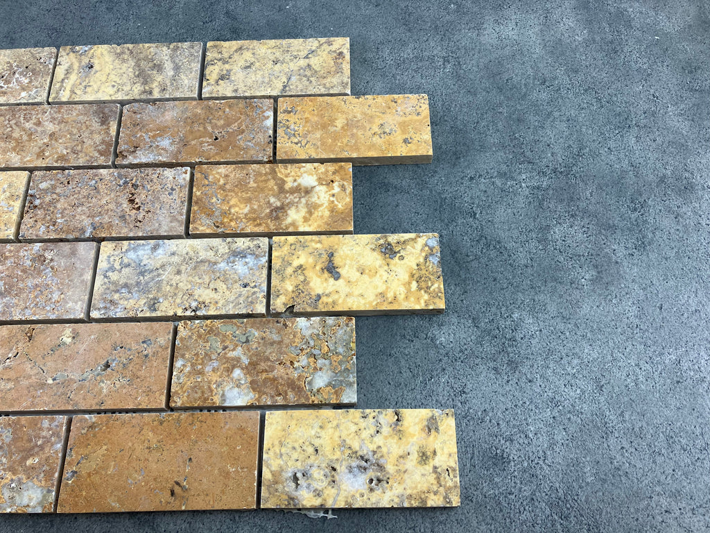 Scabos Travertine Golden 2x4 Brick Honed Mosaic Tile 12x12 Mesh