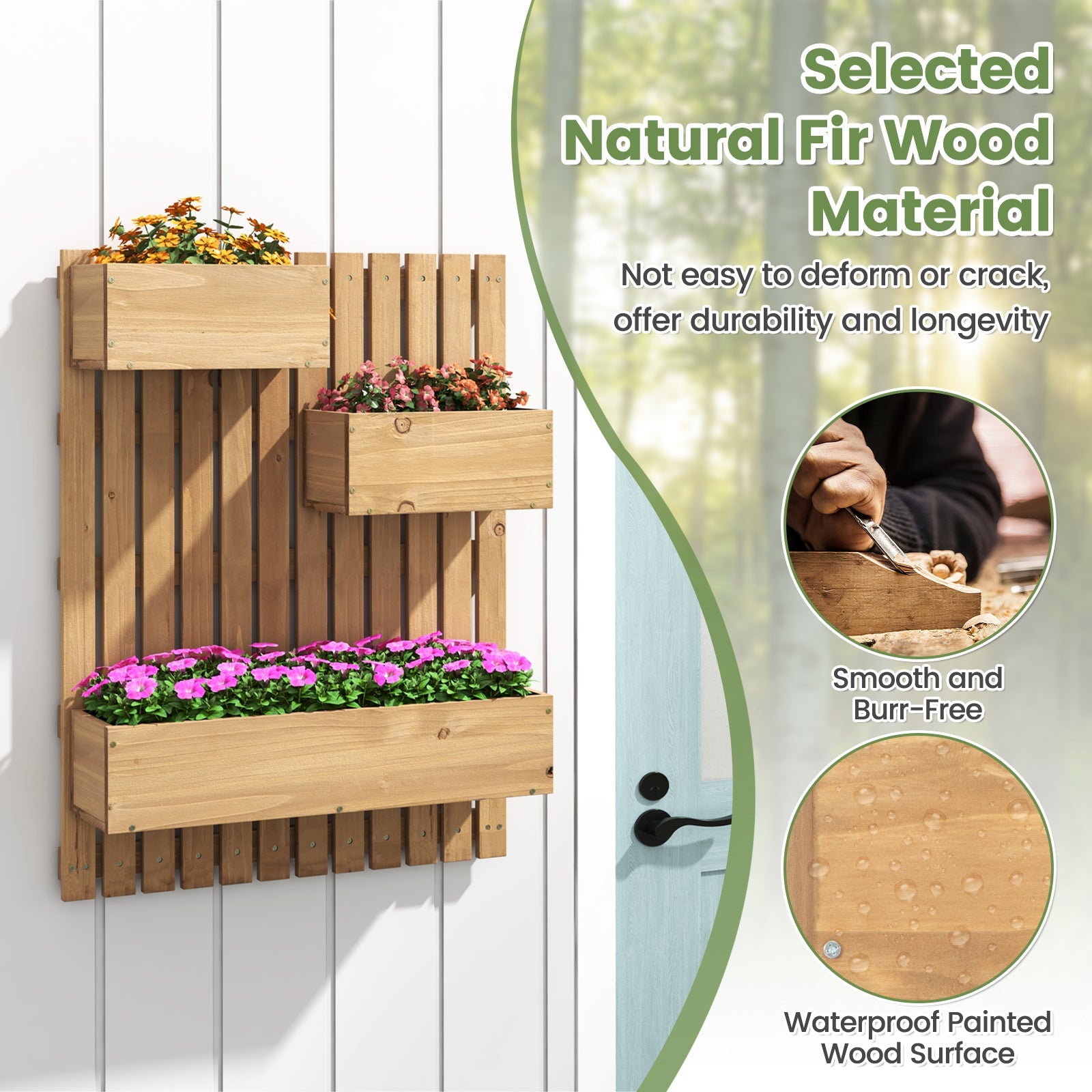 3-Box Wooden Raised Garden Bed with Trellises and Fabric Liners-Natural