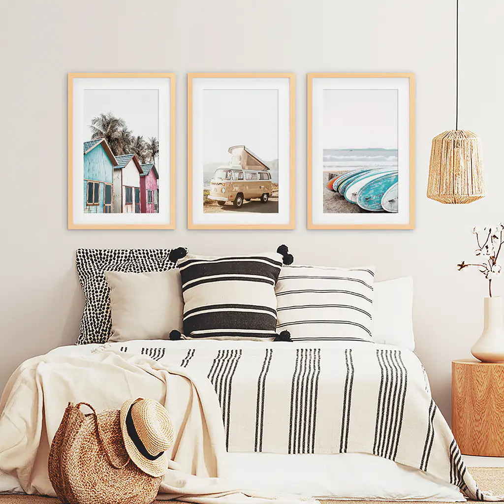 Summer Surfing Wall Art Set. Yellow Bus, Surfboards, Beach Cabins