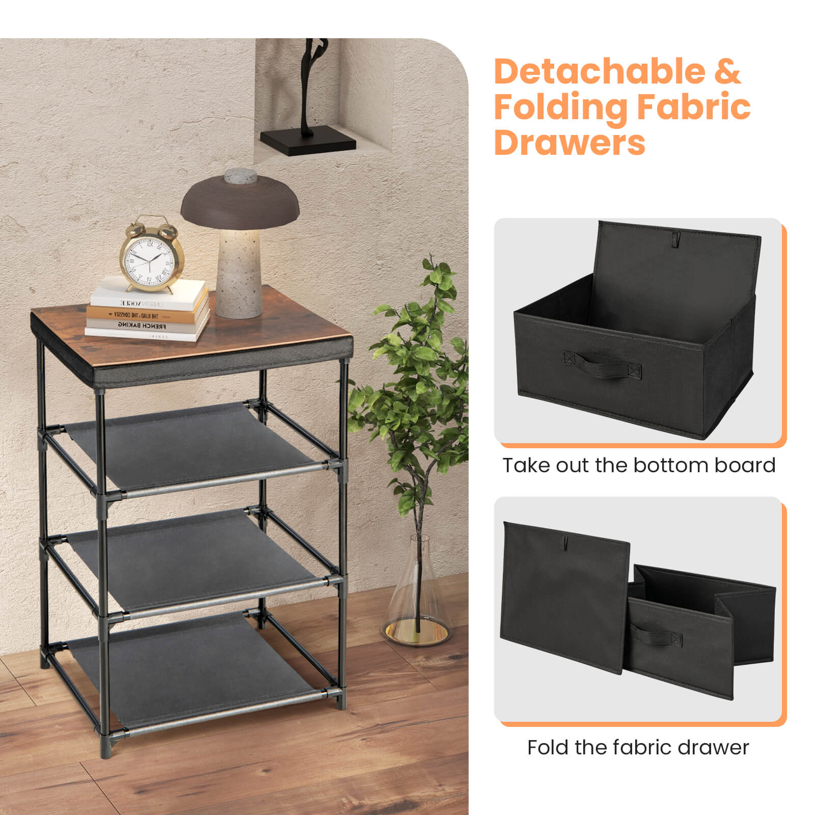 3-Tier Fabric Nightstand with Sturdy Metal Frame