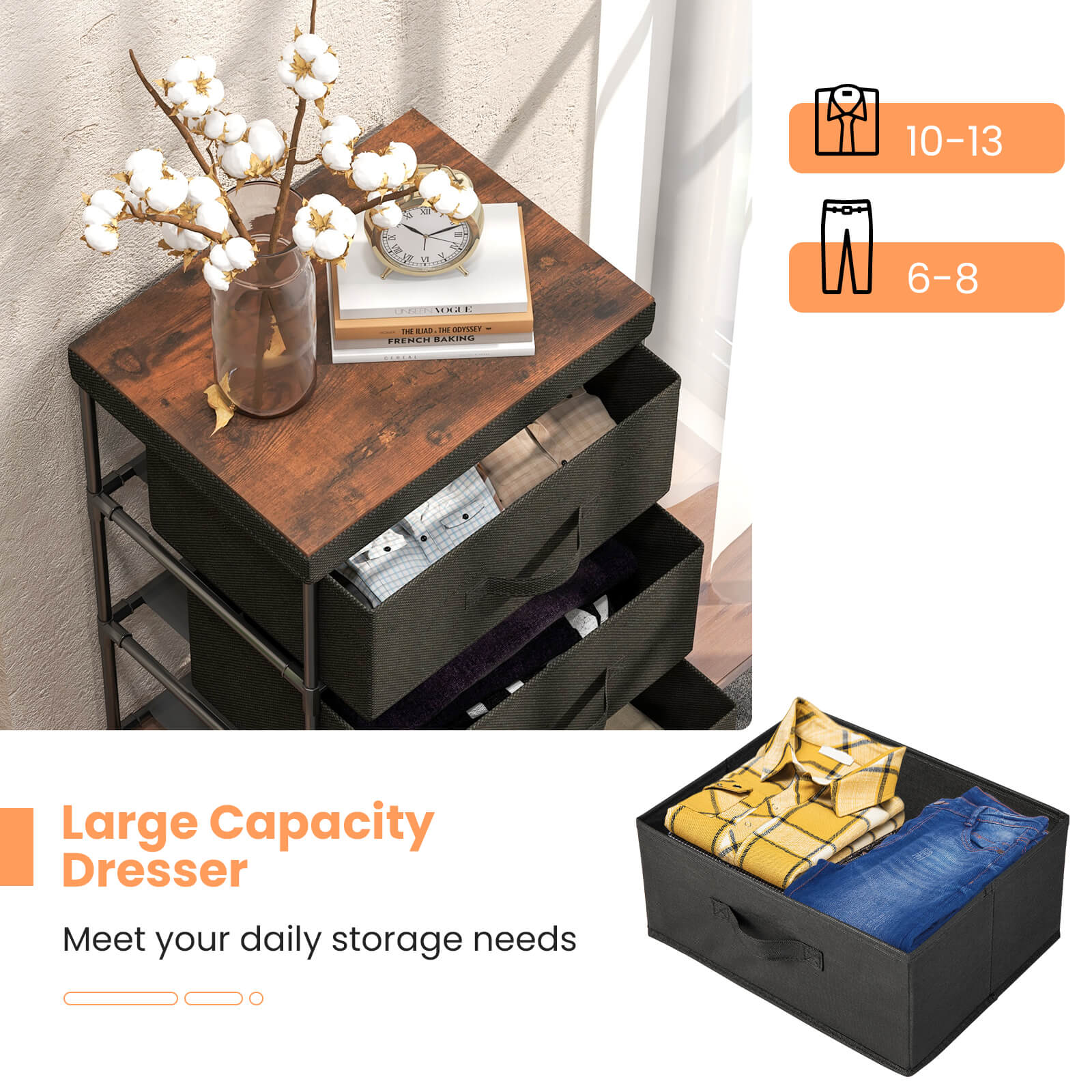 3-Tier Fabric Nightstand with Sturdy Metal Frame