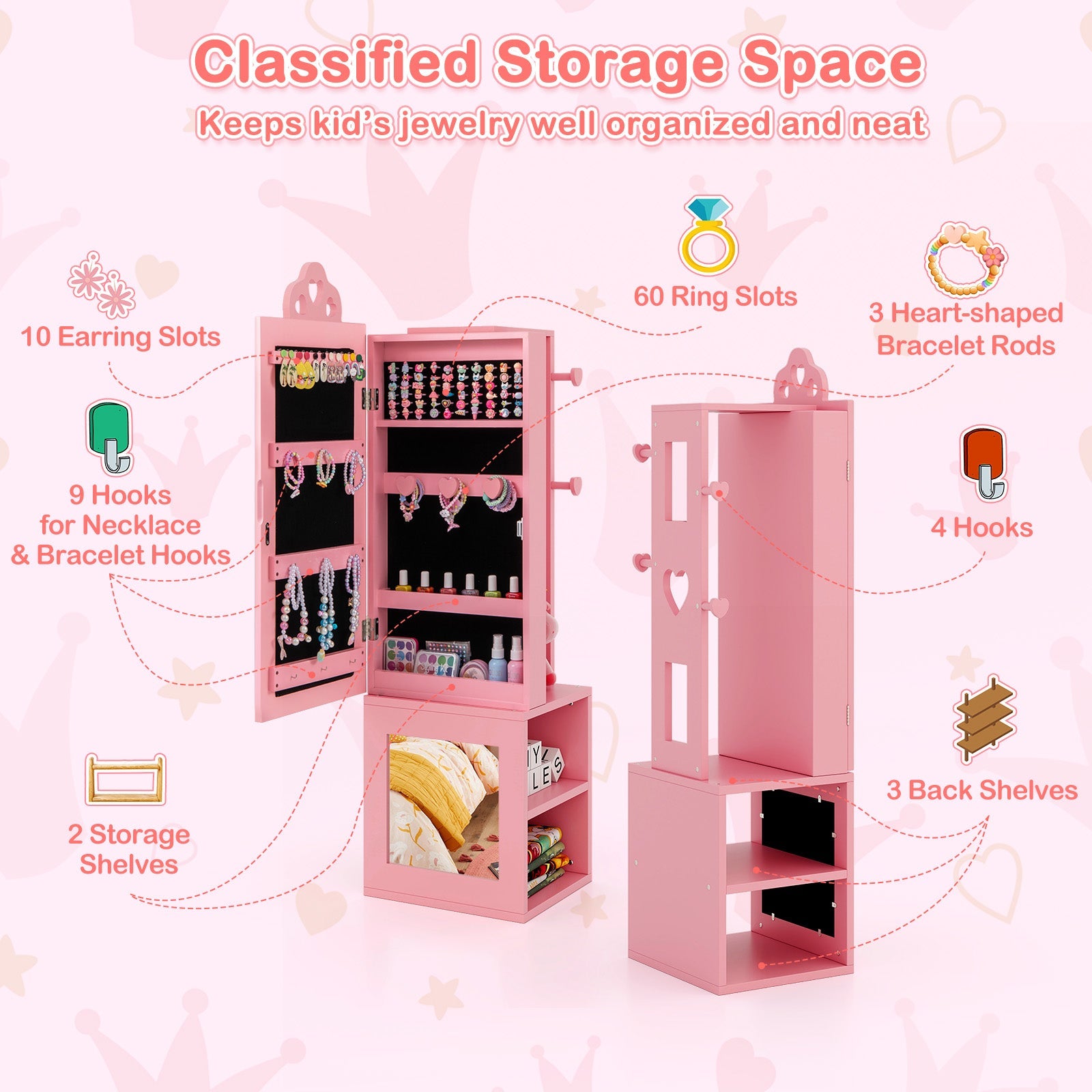 3-in-1 Freestanding Kids Jewelry Cabinet Armoire with Full Length Mirror