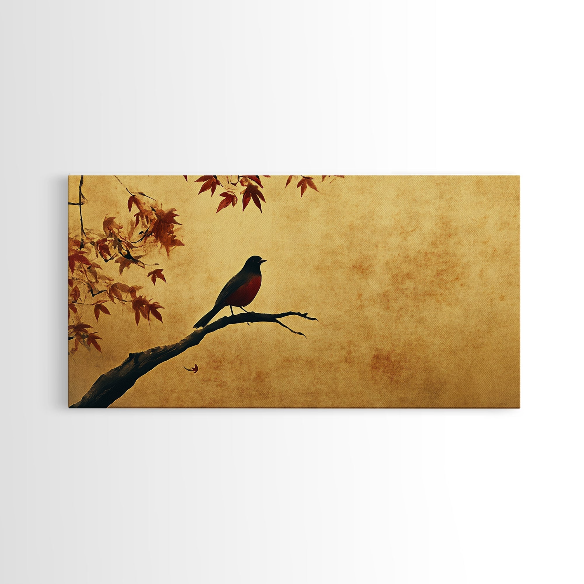 Oriole On a Maple Tree Framed Canvas Print, Vintage Home Decor, Vintage Style Wall Art, Farmhouse Decor, Wabi Sabi Art, Extra Large Art