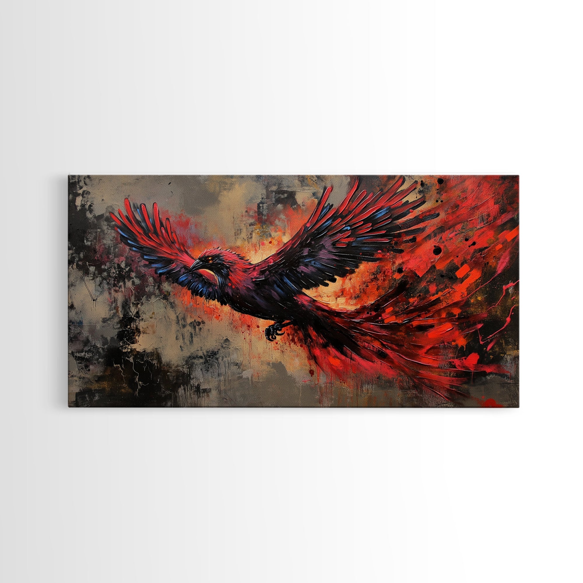 Grunge Phoenix Painting, Framed Canvas Print, Vibrant Phoenix Wall Art Print, Mythical Poster Art, Printed Wall Art