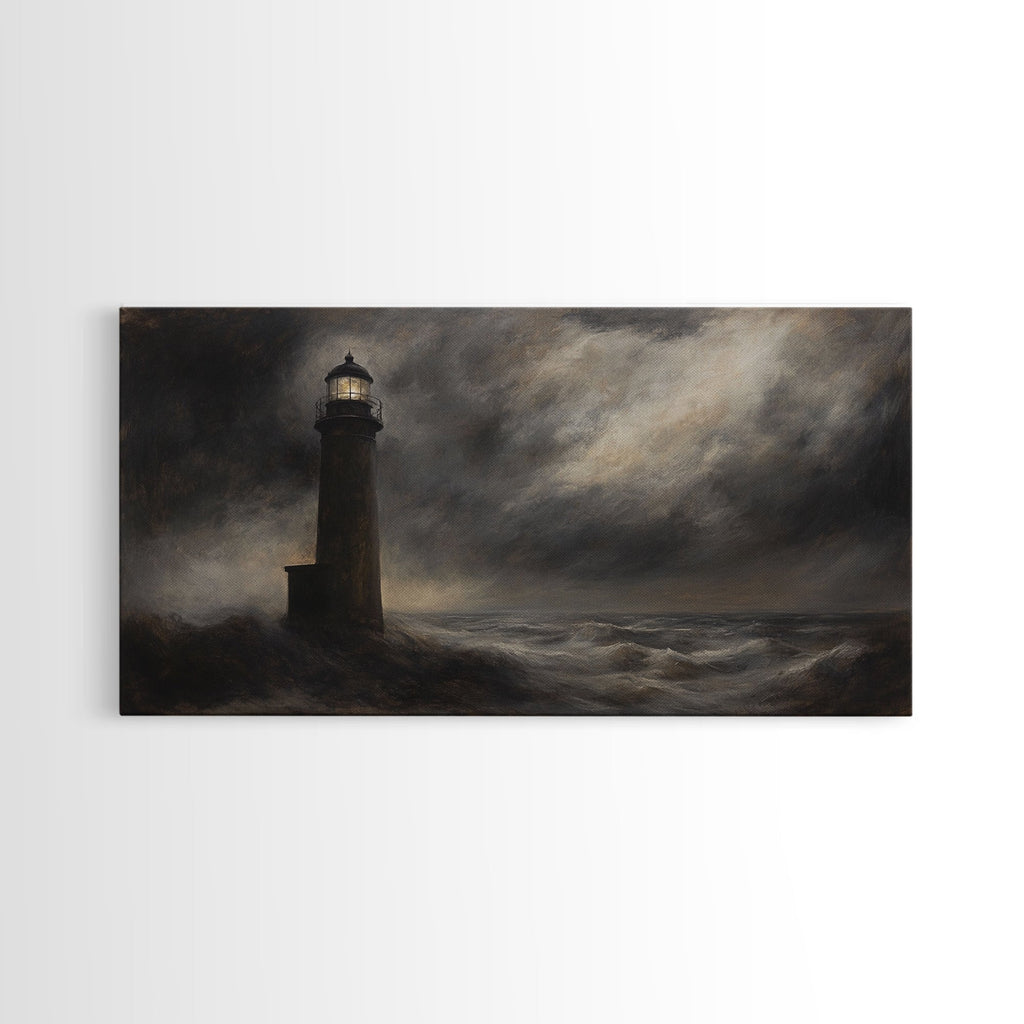 Moody Lighthouse Painting Print, Nautical Home Decor, Lighthouse Oil Painting Canvas Print, Dark and Moody Home Decor