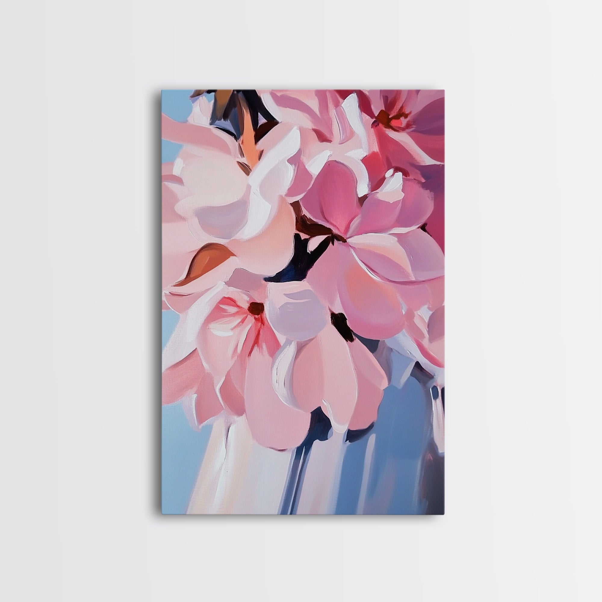 Pink Flowers, Floral Art, Spring Wall Art, Botanical Print, Framed Canvas Print, Bedroom Decor, Feminine Aesthetic, Cottagecore Style
