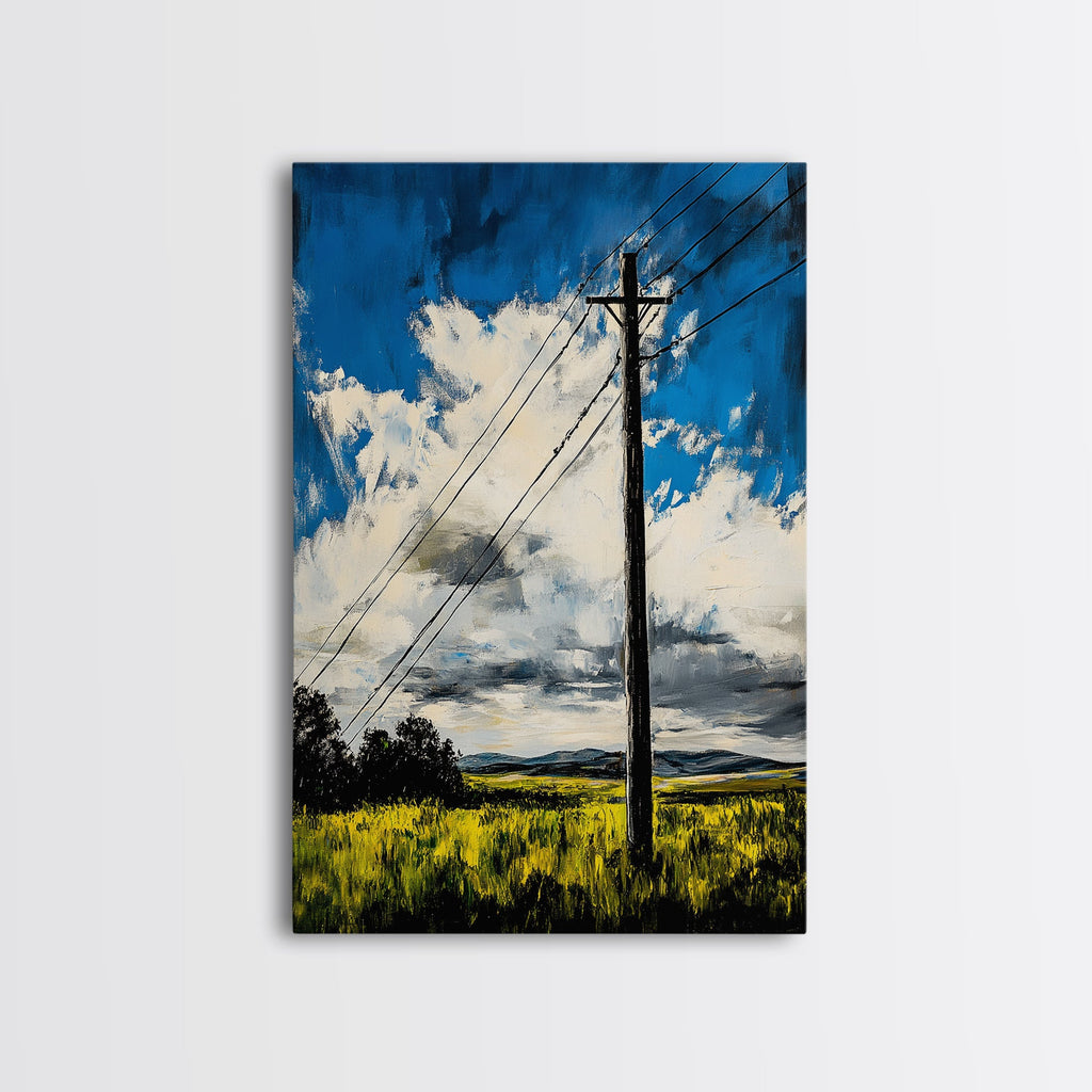 Power Lines, Rural Landscape, Country Wall Art, Modern Farmhouse Decor, Yellow Field Canvas Print, Minimalist Wall Art, Office Wall Decor