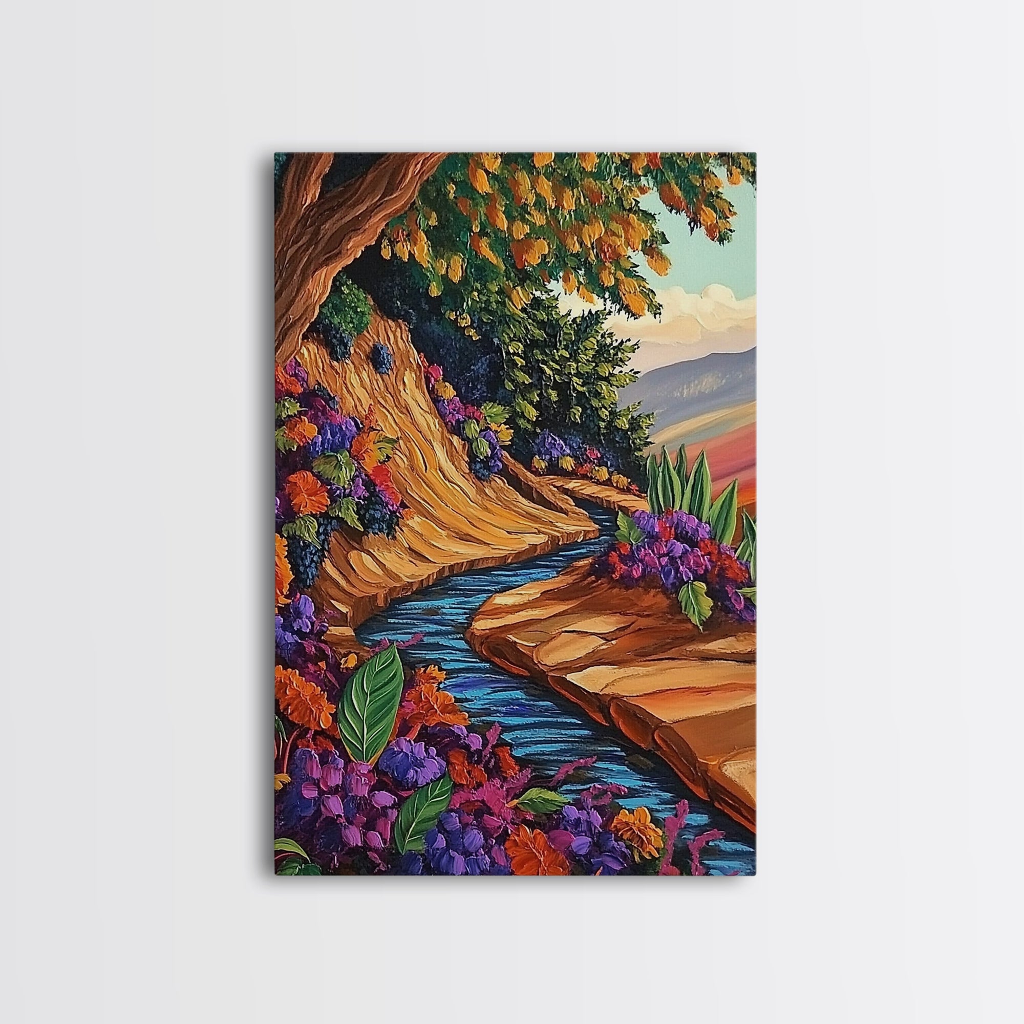 River Autumn, Pathway, Tranquility, Canvas Print, Fall forest landscape art, colorful seasonal painting, living room wall décor