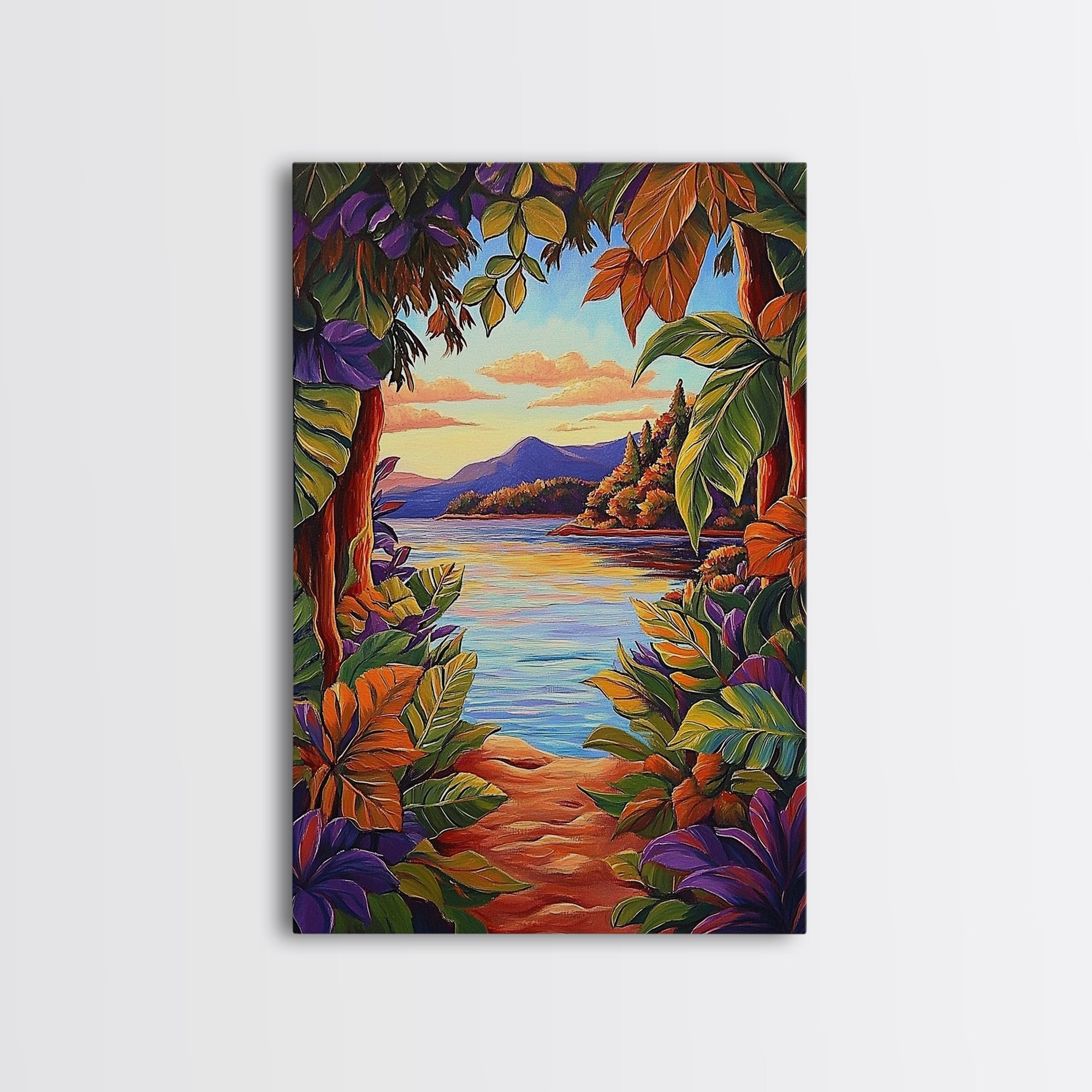 Tropical Lake, Sunset, Leaves, Canvas Print colorful tropical art, jungle boho decor, vibrant beach house wall art, exotic nature room print
