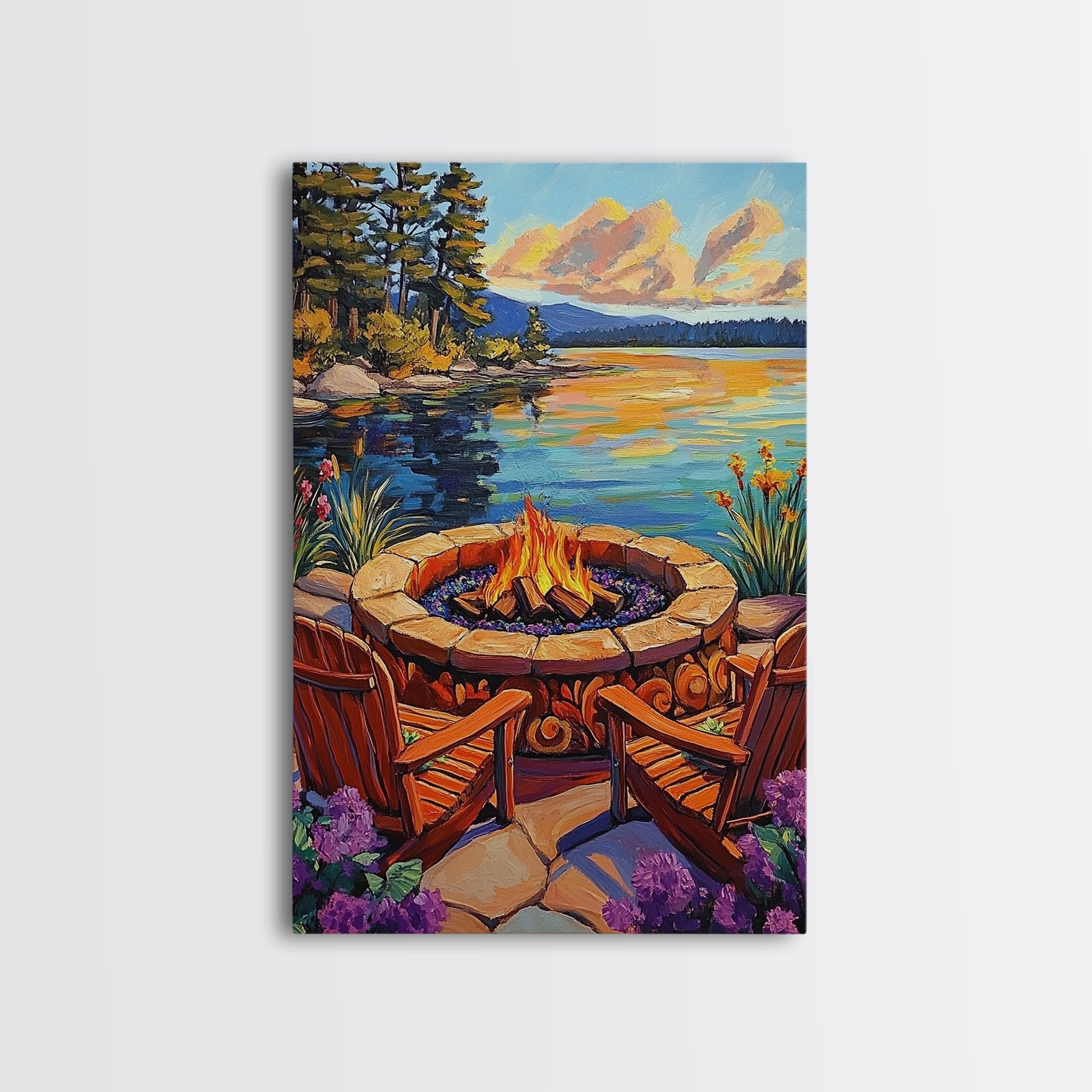 Firepit Chairs, Lake, Sunset, Framed Canvas Print, outdoor patio wall decor, rustic lakeside art, cozy fall cabin retreat artwork
