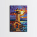 Moonlit Lighthouse, Rustic, Shore, Framed Canvas Print, Coastal Lighthouse Canvas, Dramatic Moon Ocean Scene, Rustic Nautical Wall Art