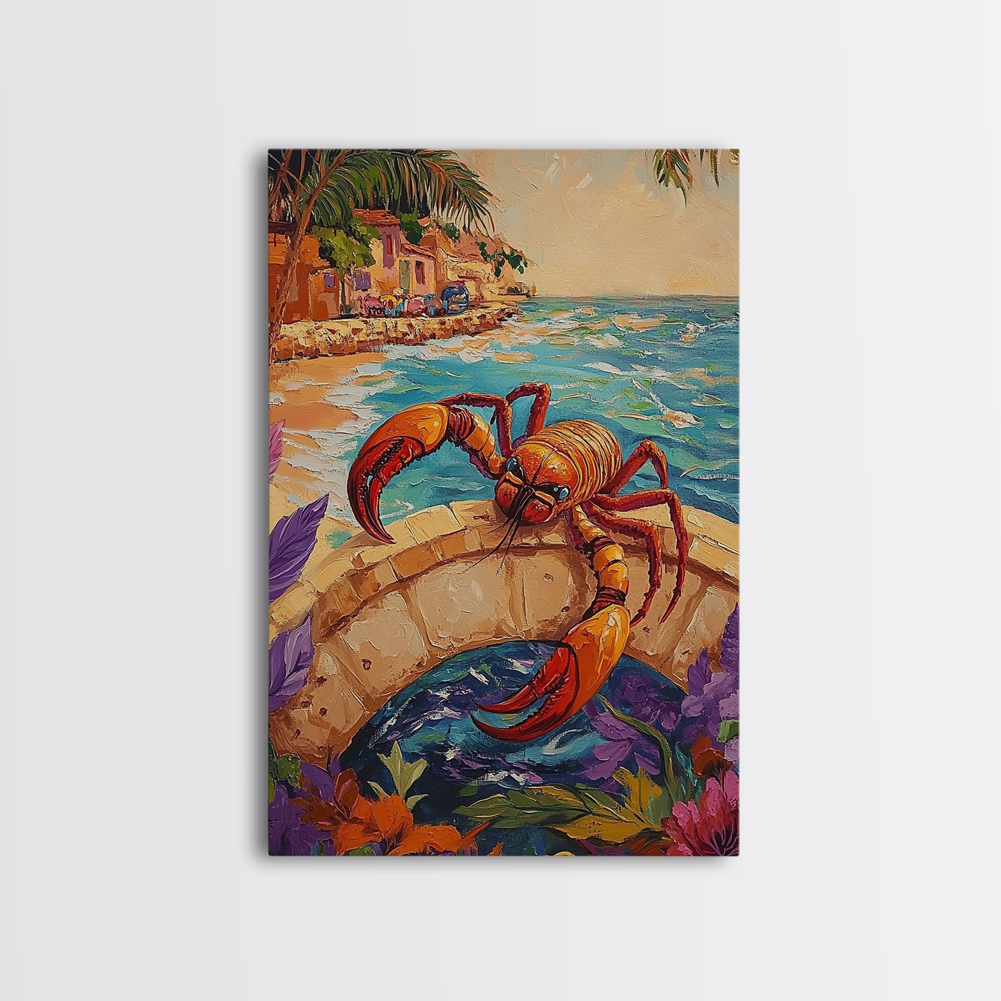 Lobster Art, Coastal Bridge, Tropical Scene, Nautical Style, Framed Canvas Print, lobster decor, beach cottage coastal art, bathroom print