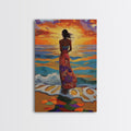 Sunset Beach Woman, Ocean Waves Art, Boho Coastal Decor, Tropical Wall Art, Canvas Print, Living Room Accent, Vibrant Beach Scene