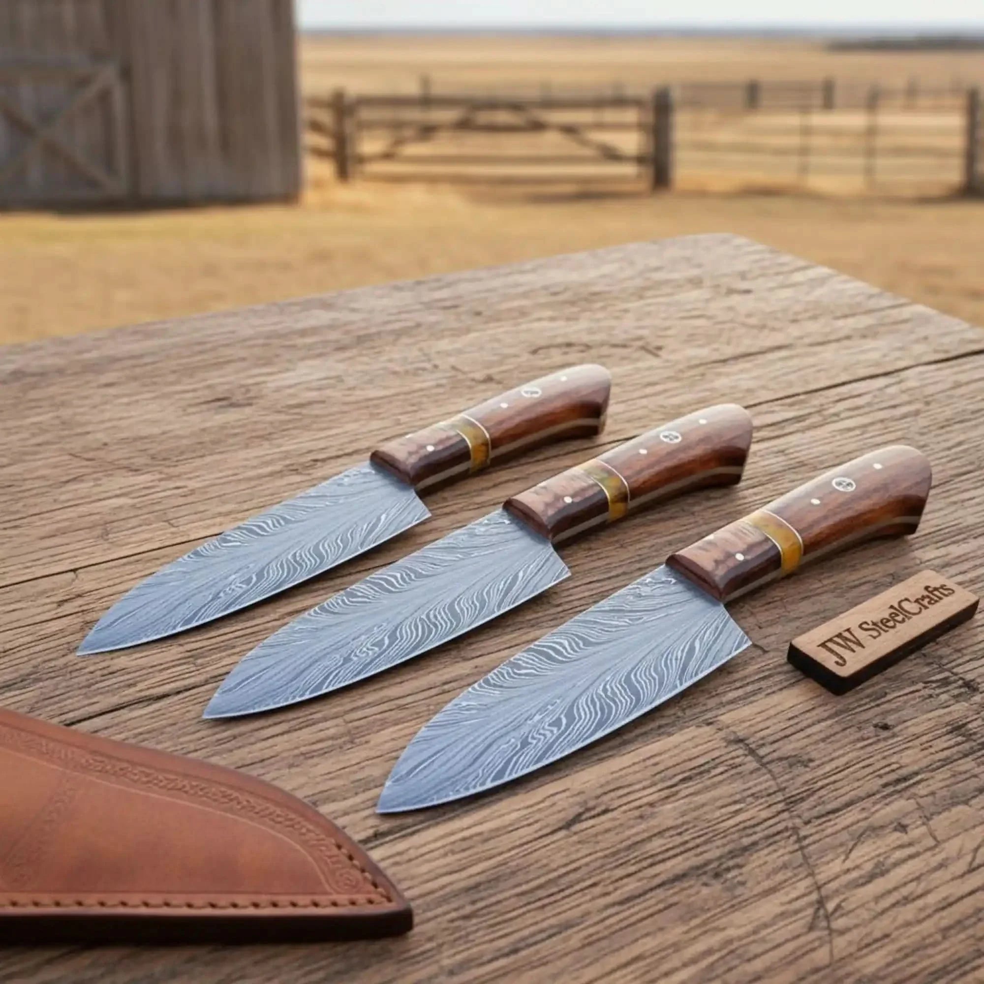 3 Piece Feather Pattern Damascus Knife Set, Handmade Chef, Santoku and Utility Knives with Pakka Wood Handles, Professional Kitchen Cutlery Set JW SteelCrafts