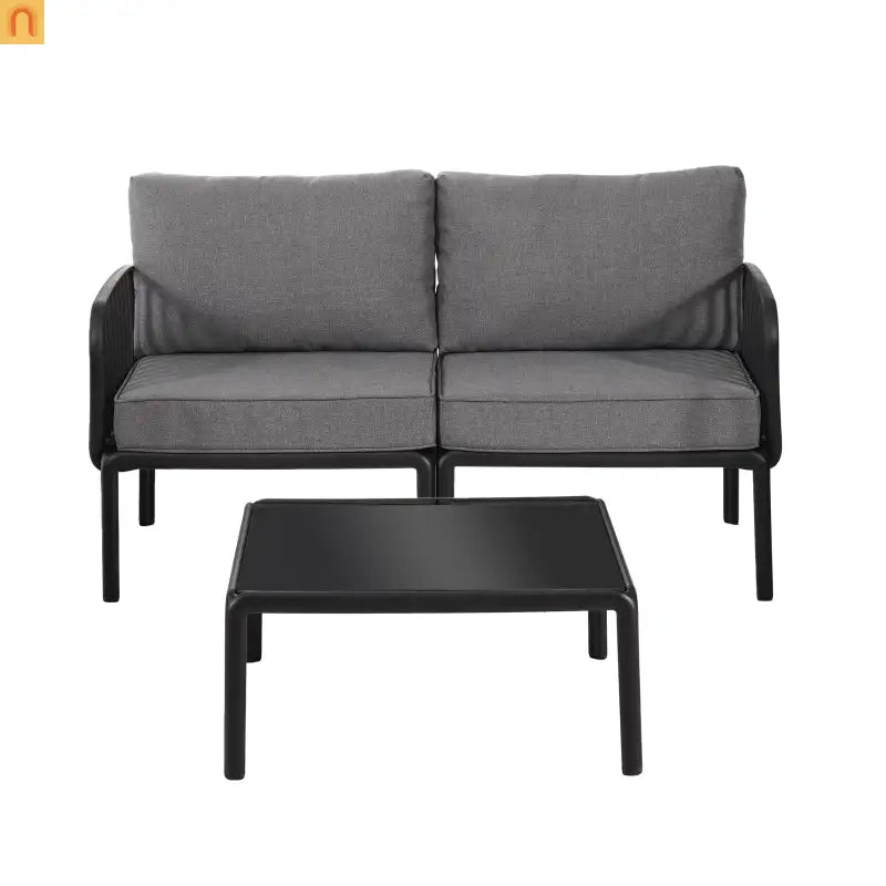 Outdoor Conversation Set Plastic Black Gray Cushion 3 Piece Seats 2