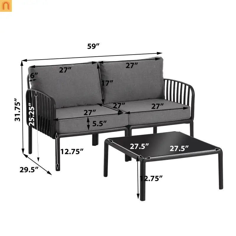 Outdoor Conversation Set Plastic Black Gray Cushion 3 Piece Seats 2