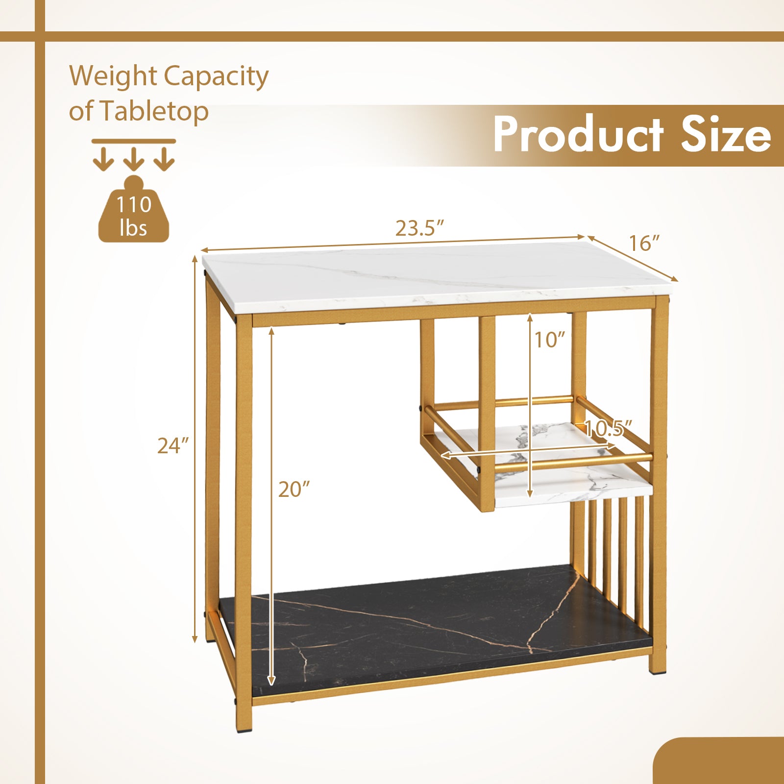 3-Tier Multi-function Marble End Table with Storage Shelf-Golden