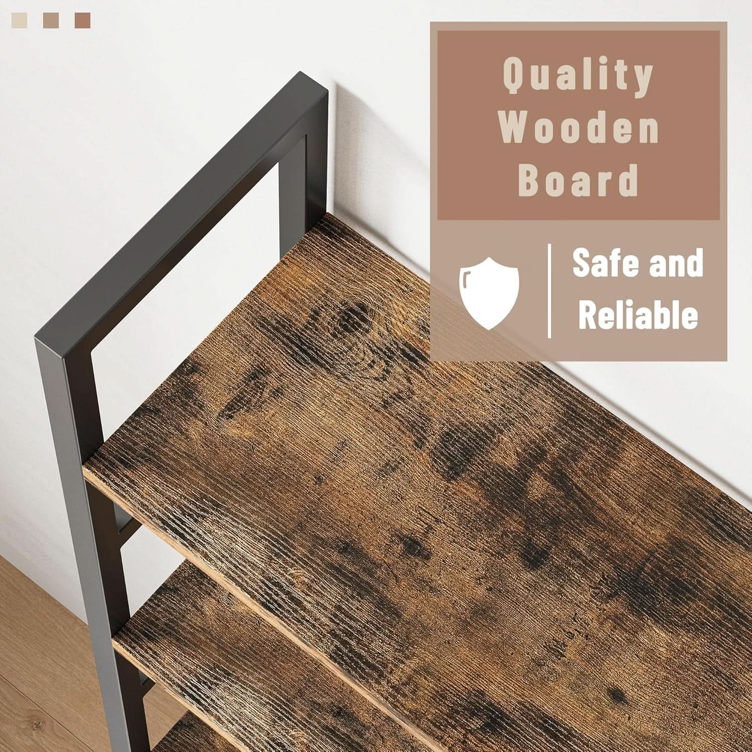 Rustic Brown 5 Tier Wooden Bookcase With Metal Frame