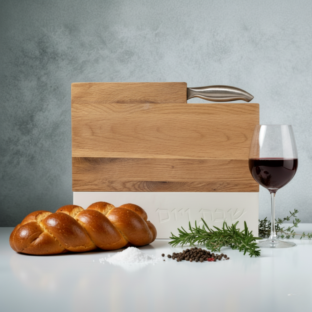 Shabbat challah tray made of high-quality wood with concrete base and knife – Board & Blade series
