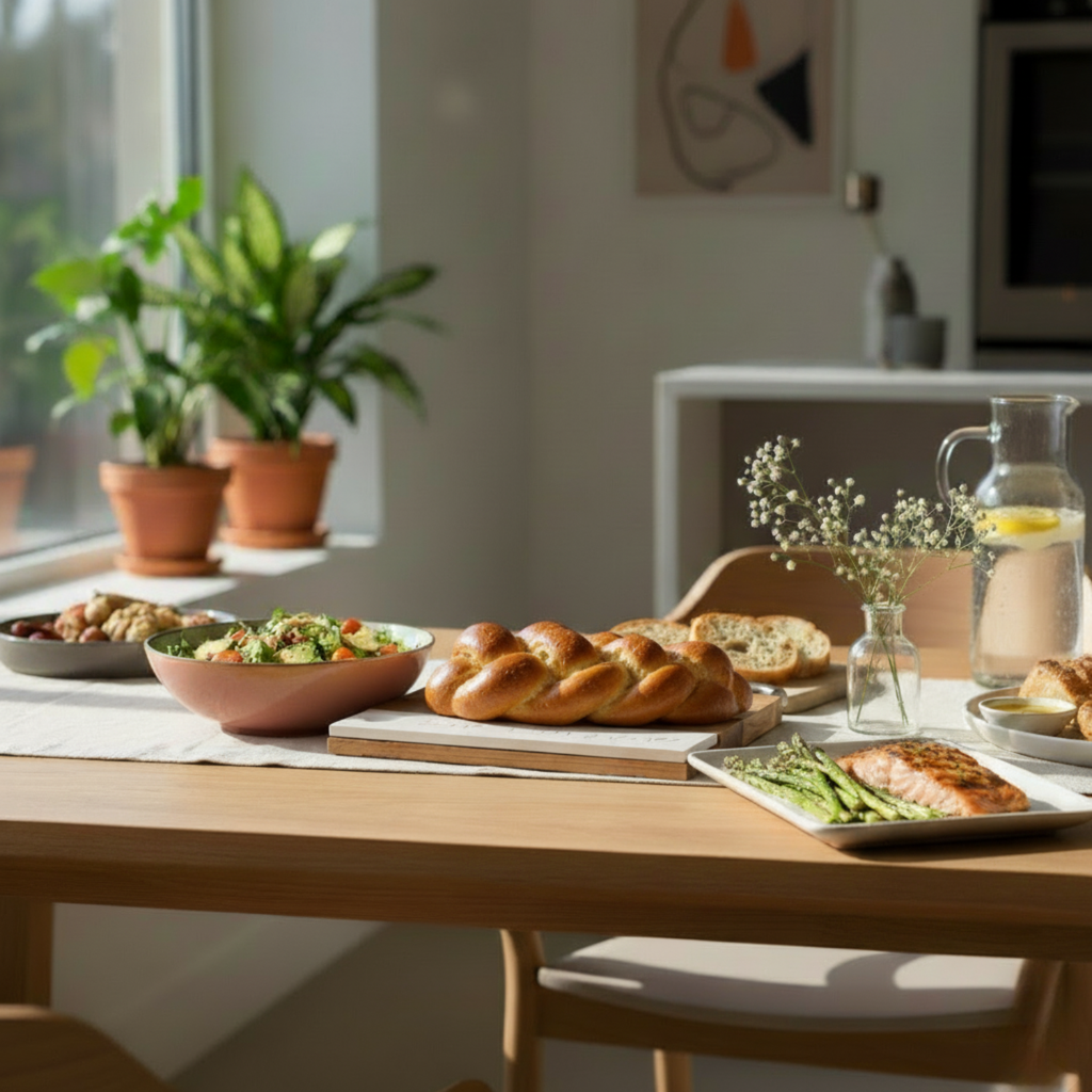 Shabbat challah tray made of high-quality wood with concrete base and knife – Board & Blade series