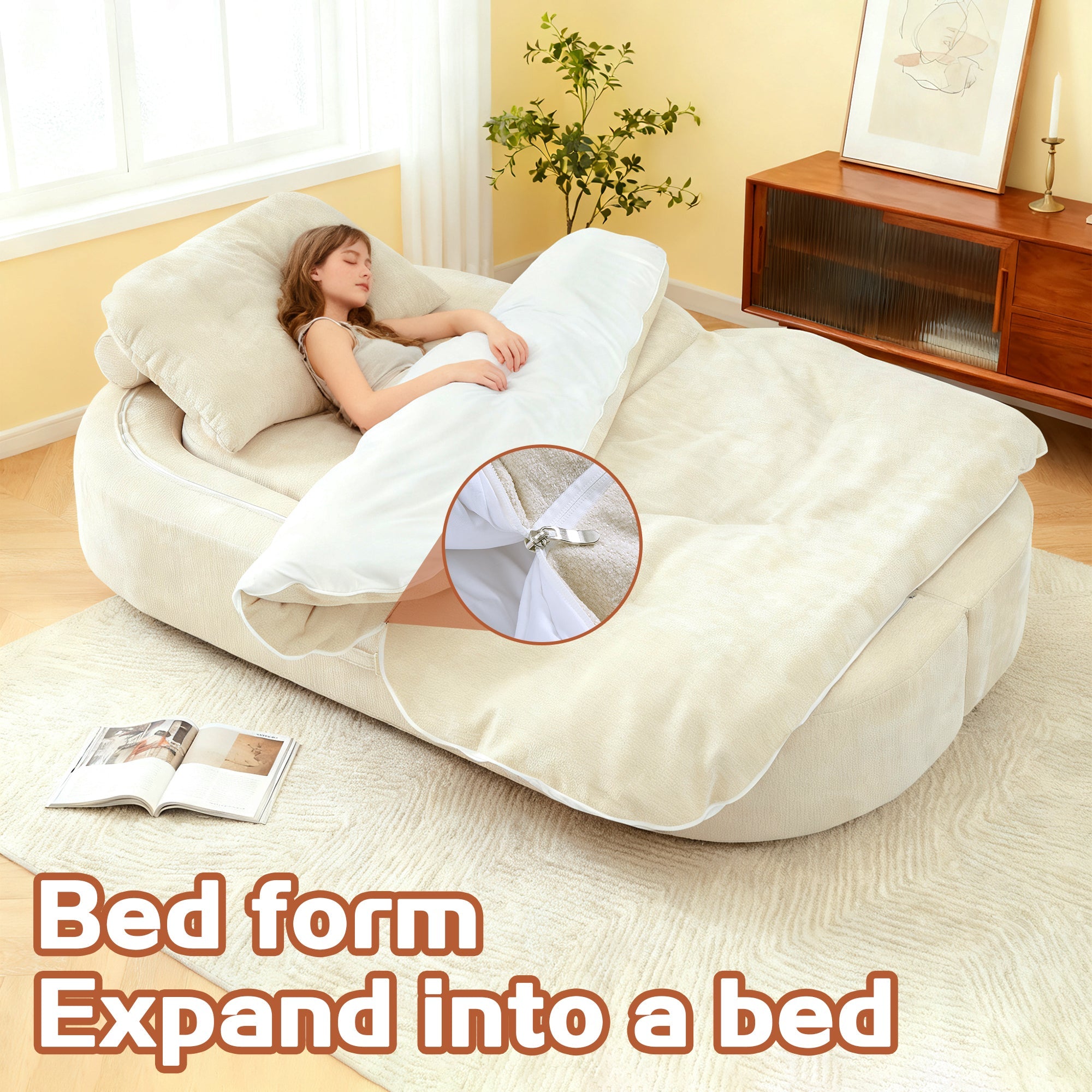Sofa Bed Floor Modern Chenille Cream No Assembly 2 Pillows 78.7 In