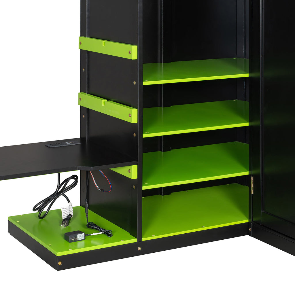 Full Size Wood Loft Bed with Desk, Multi-storage Shelves,USB and RGB Light,Green