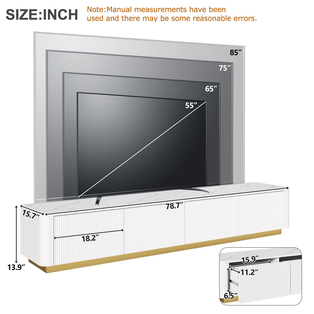 Luxury Fluted White TV Stand Faux Marble Top 4-Drawer 85