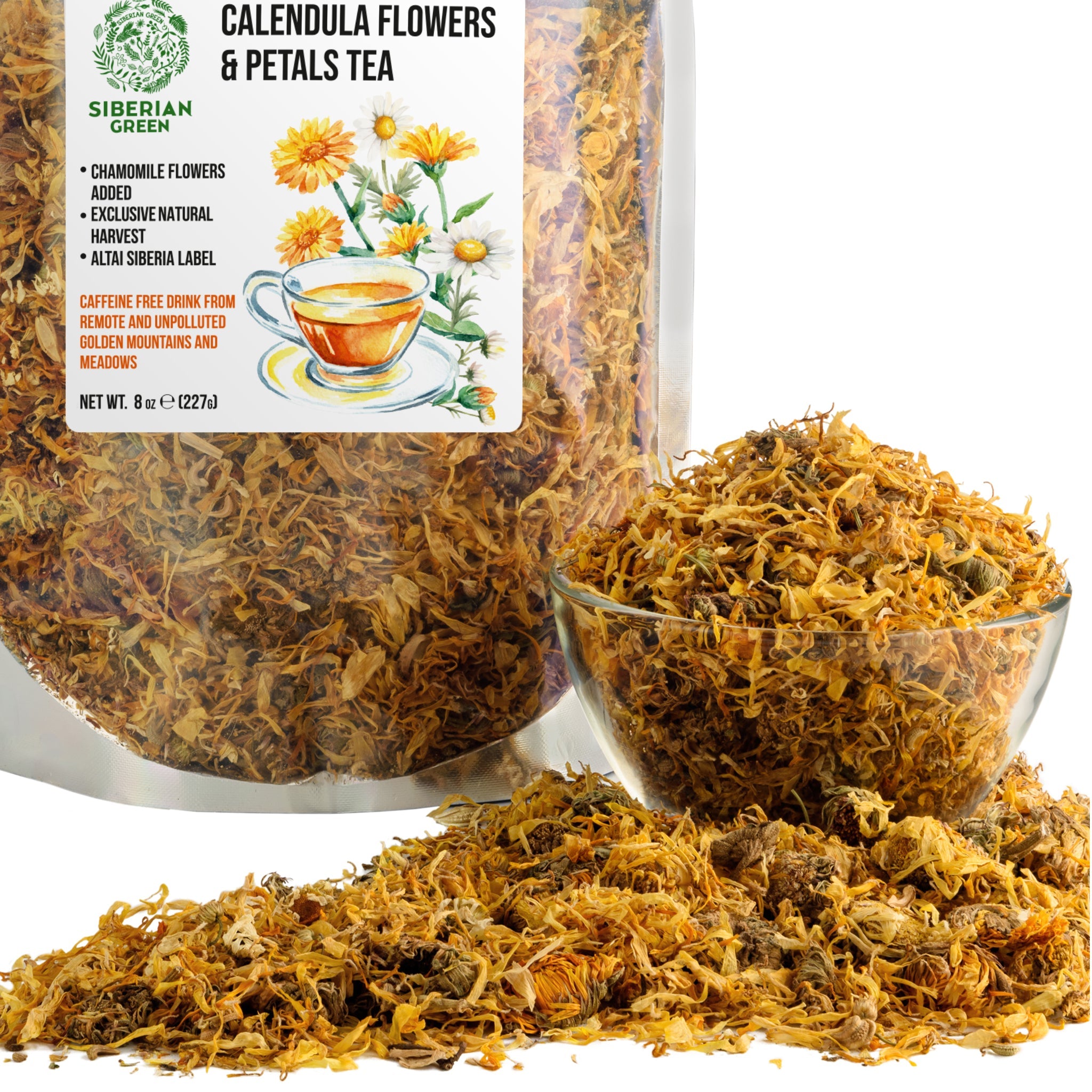 Siberian Green Calendula & Chamomile Tea – Wild Harvested Caffeine-Free (227g / 8 oz)