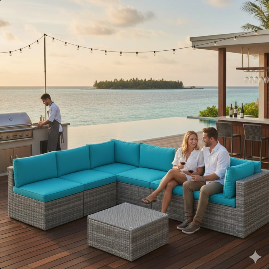 7 Piece Outdoor Sectional Set PE Rattan Gray Blue