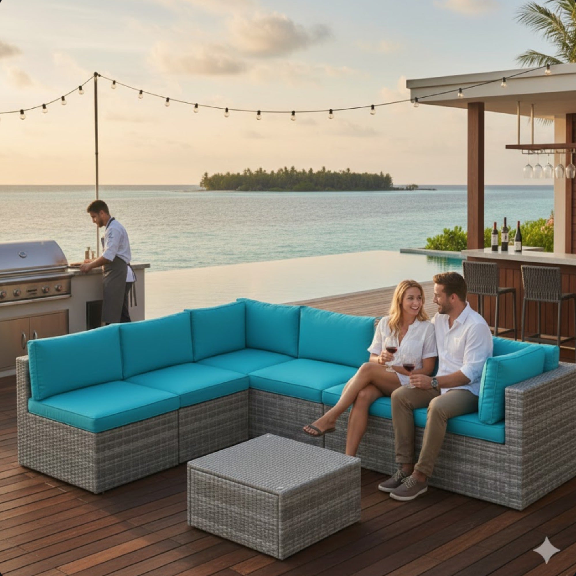 7 Piece Outdoor Sectional Set PE Rattan Gray Blue
