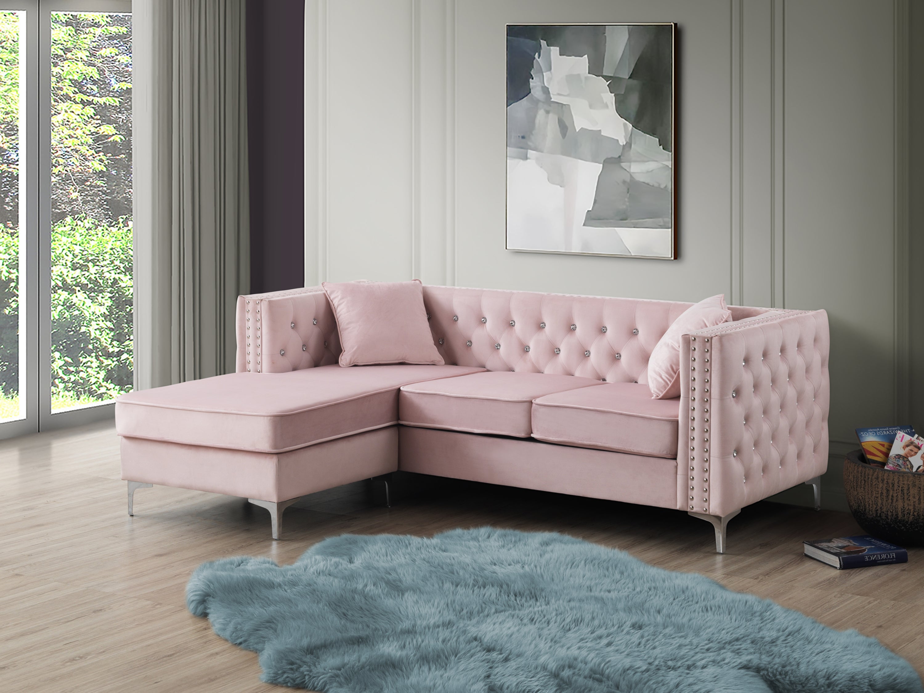 Sofa L-Shape Velvet Pink 3 Seat Tufted Chaise 87 In