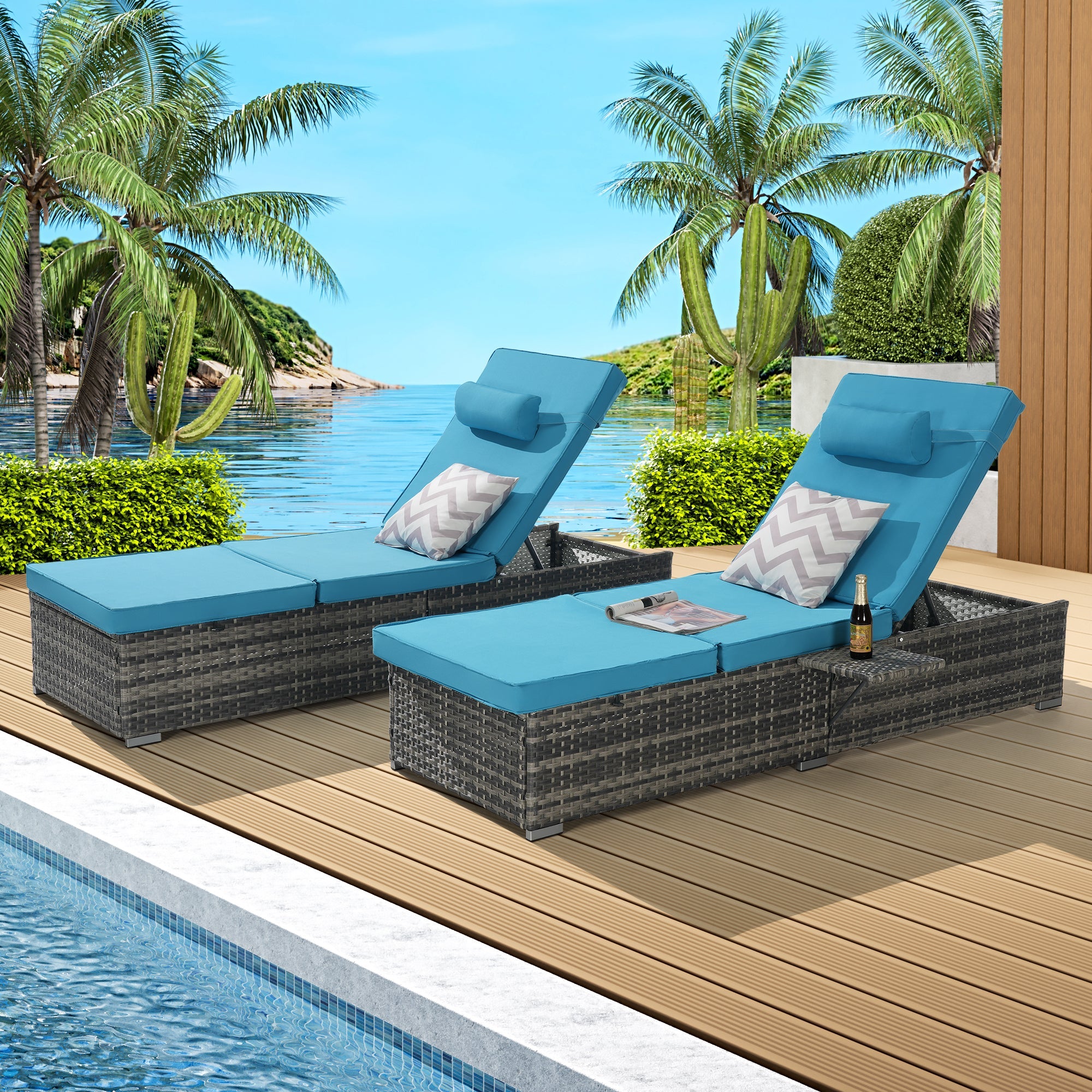 Chaise Lounge PE Rattan Steel Light Blue 5 Position Set of 2 600 LB