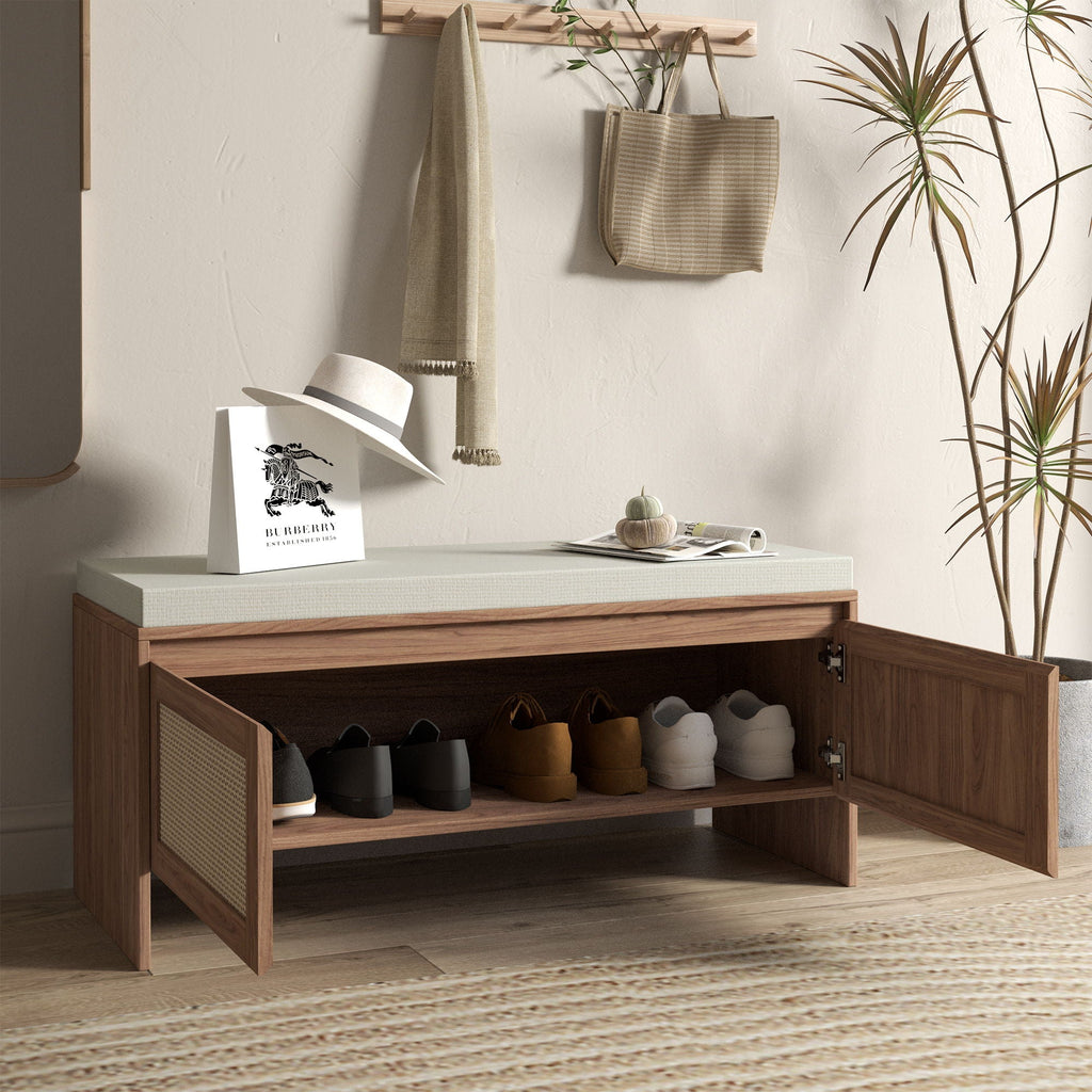 Storage Bench With Cushion, Shoe Cabinet With 2 Doors - Antique Natural / Rattan