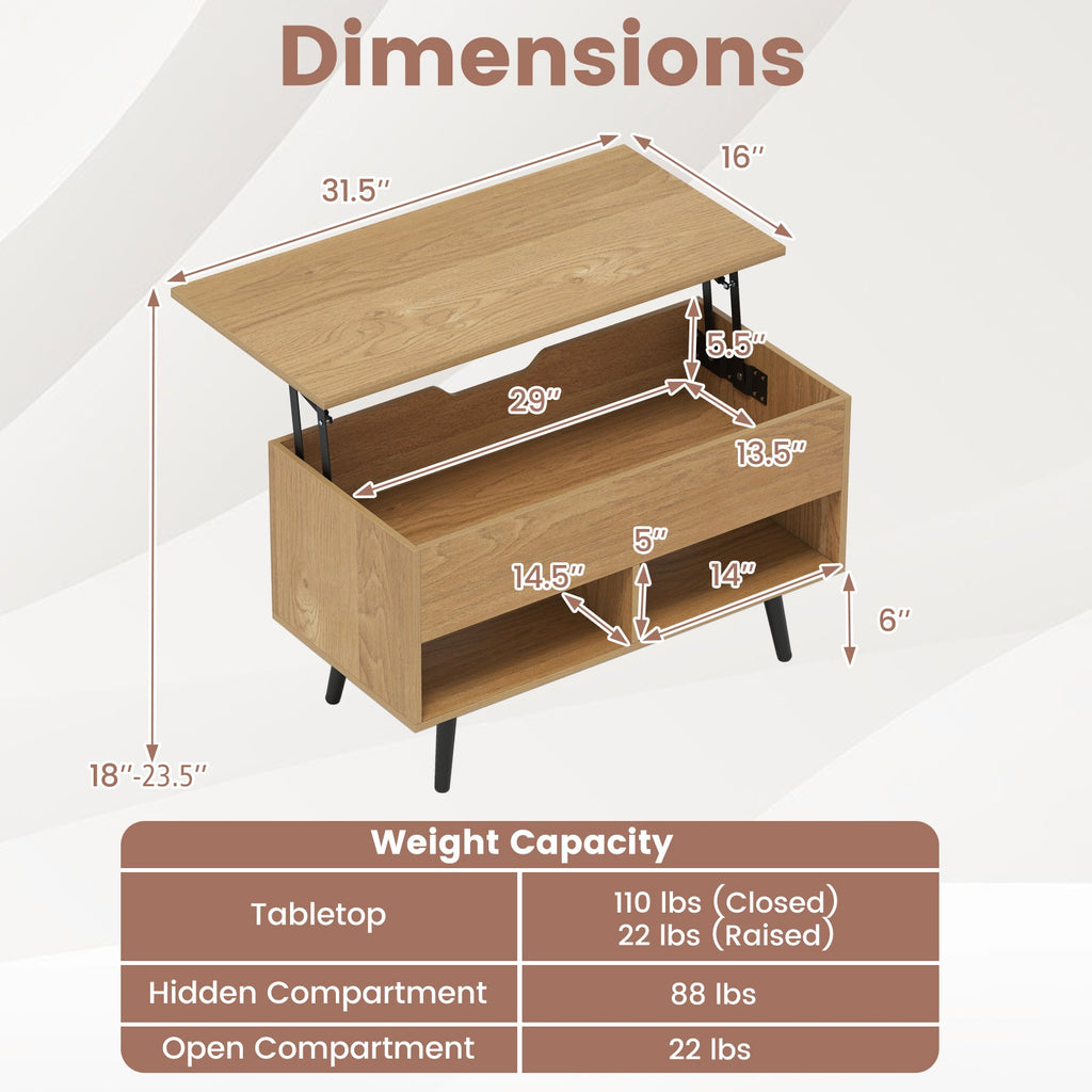31.5 Inch Lift-Top Coffee Table with Hidden Storage and 2 Open Shelves