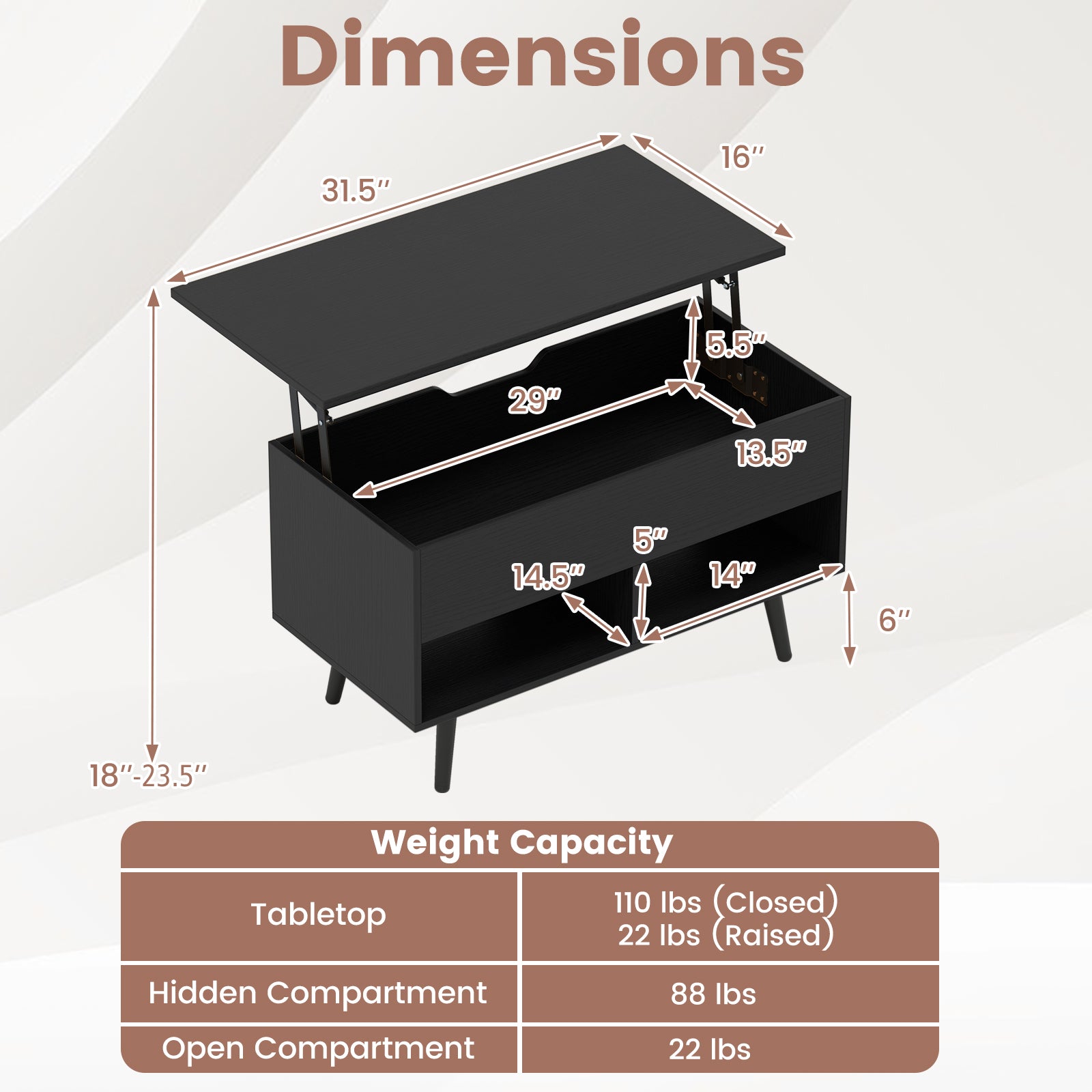 31.5 Inch Lift-Top Coffee Table with Hidden Storage and 2 Open Shelves