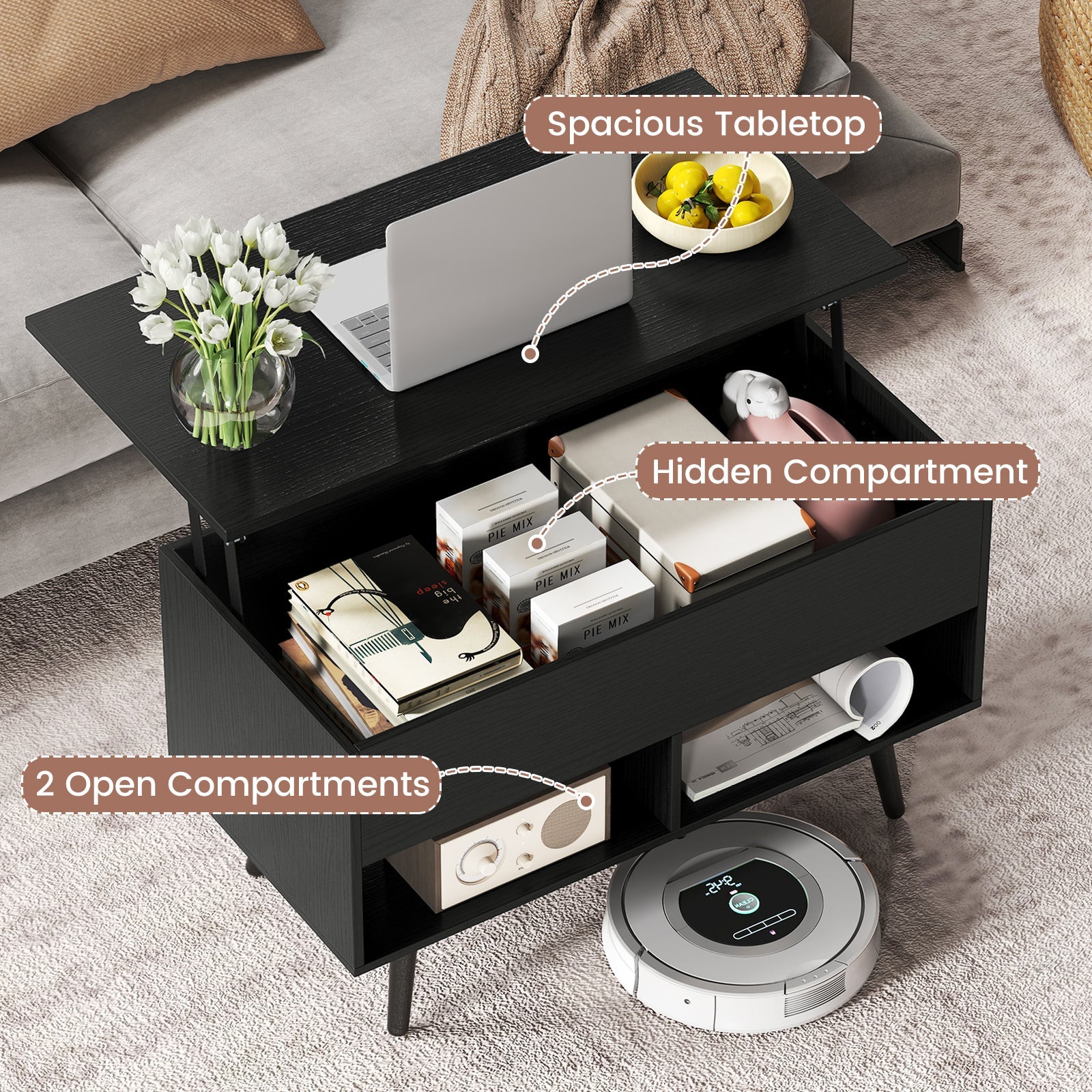 31.5 Inch Lift-Top Coffee Table with Hidden Storage and 2 Open Shelves