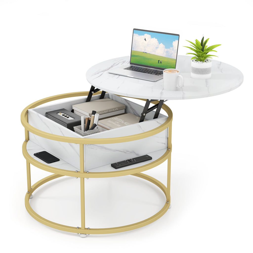 31.5 Inch Round Lift Top Coffee Table with Hidden Compartment and Side Shelves